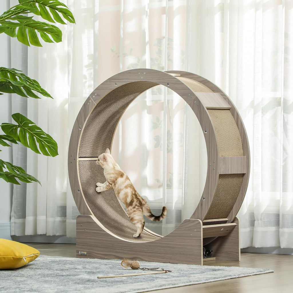 PawHut Katzenlaufrad Laufrad für Katzen 91 cm mit Bremse, Kratzbrett, Katzenrad für gesunde Bewegung, Entspannung, Grau