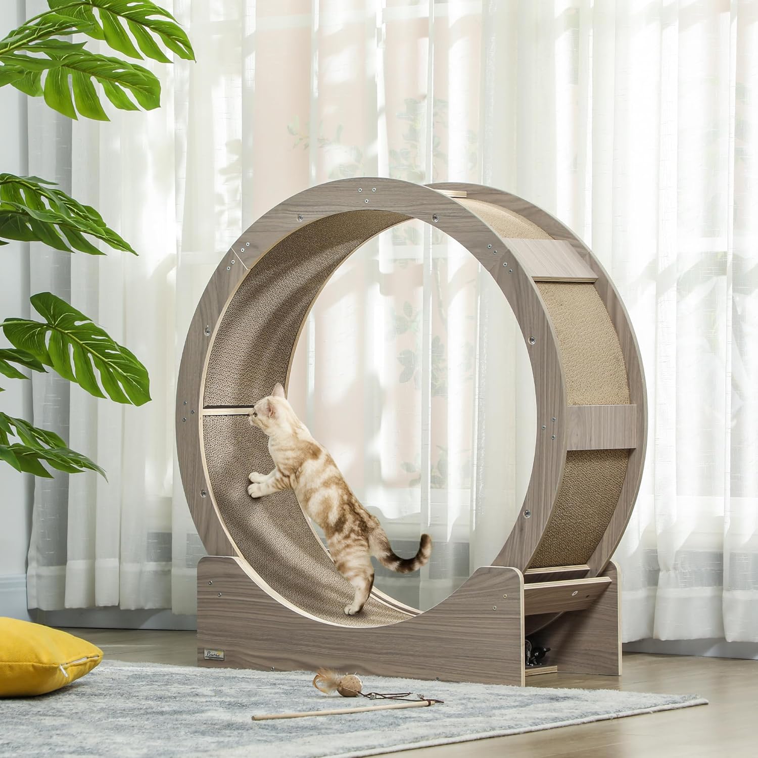 PawHut Katzenlaufrad Laufrad für Katzen 91 cm mit Bremse, Kratzbrett, Katzenrad für gesunde Bewegung, Entspannung, Grau