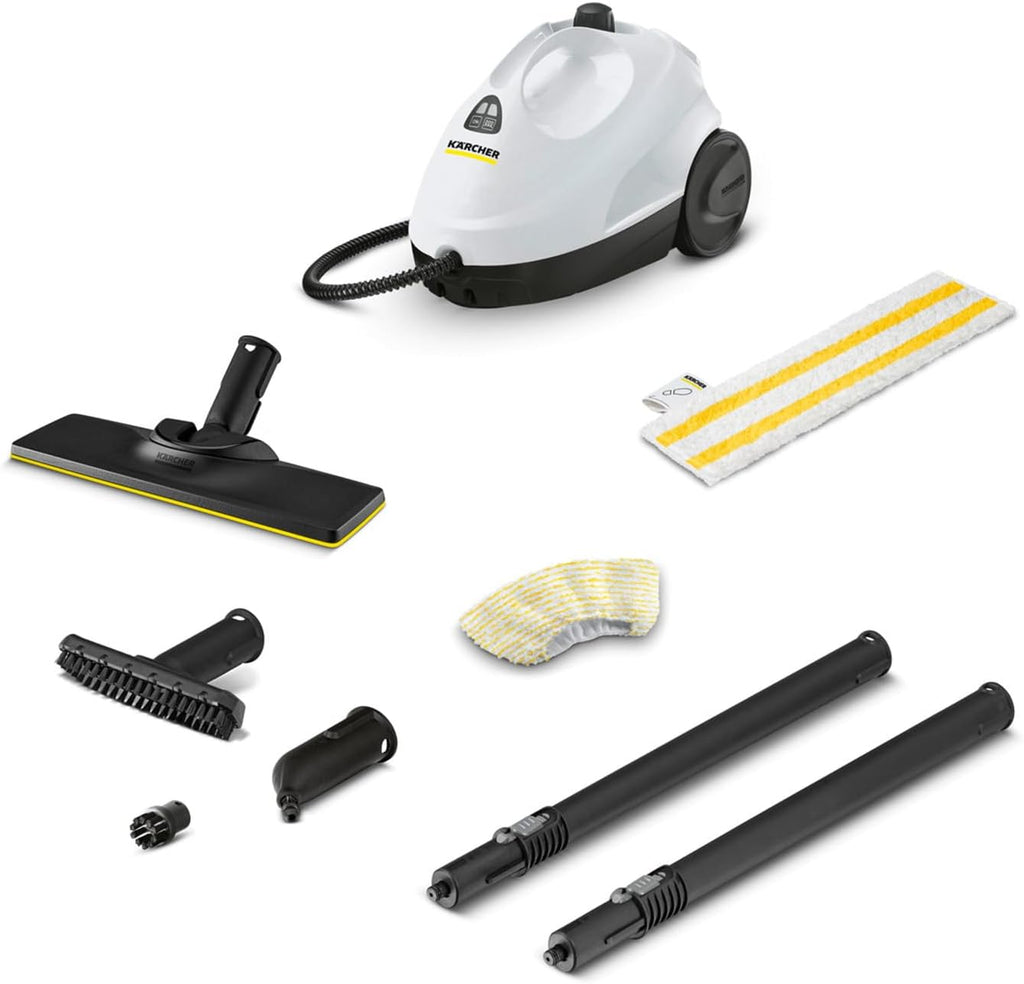 Kärcher Pulitore a vapore SC 2 EasyFix, pressione vapore: 3,2 bar, tempo di riscaldamento: 6,5 min., potenza: 1.500 W, copertura: 75 m², serbatoio: 1 l, con set per la pulizia del pavimento EasyFix, ugelli e panno in microfibra, bianco
