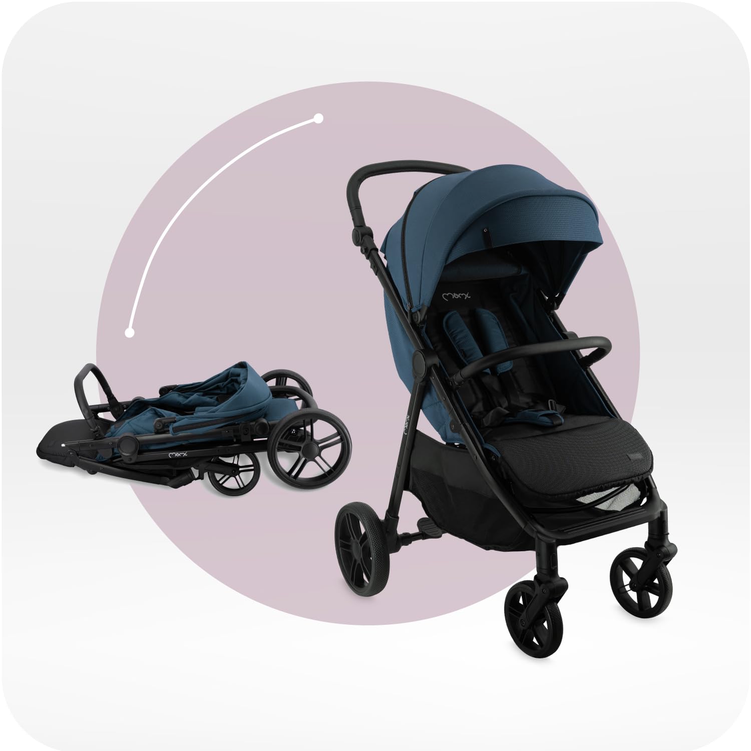 MoMi Passeggino CLARA, Passeggino dai 6 mesi in su, fino a 22 kg di peso corporeo, cintura di sicurezza a 5 punti, sacco coprigambe, portabicchieri, cestino della spesa, borsa per il cambio, zanzariera e parapioggia