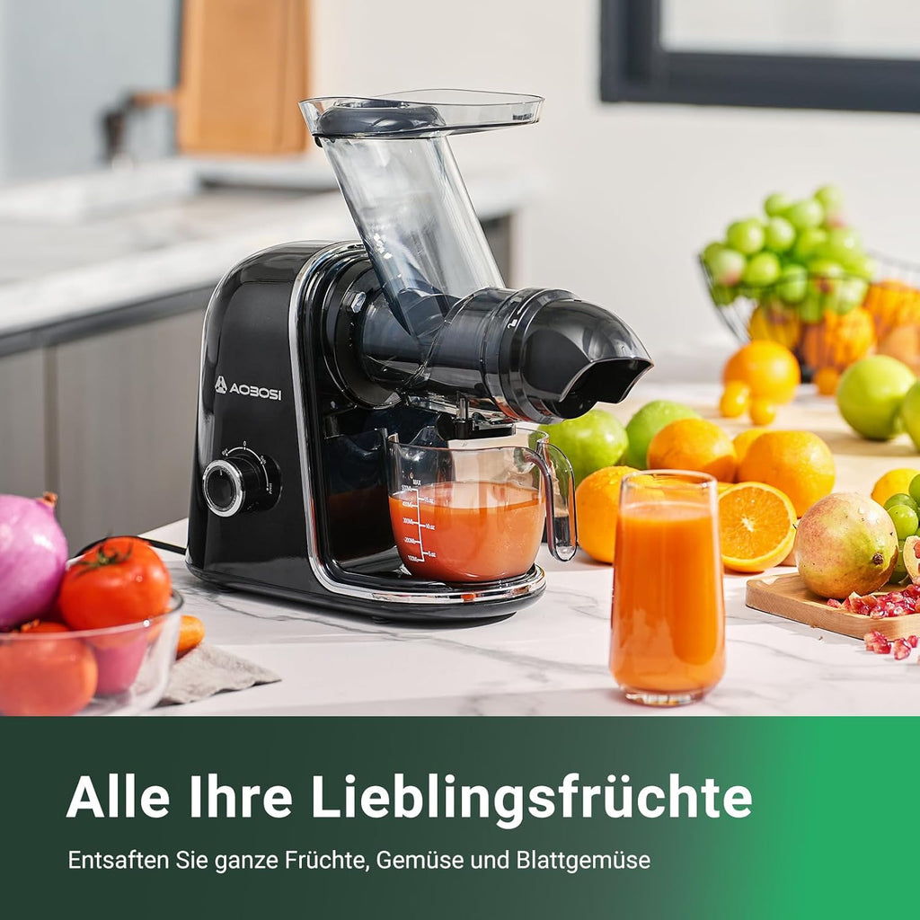 【Neues】Entsafter AOBOSI-Slow juicer mit 2 Geschwindigkeitsstufen-Entsafter gemüse und obst mit 8 stufiger Schnecke-Saftpresse mit Reinigungsbürste&2 Bechern-Obstpresse mit Reversierfunktion