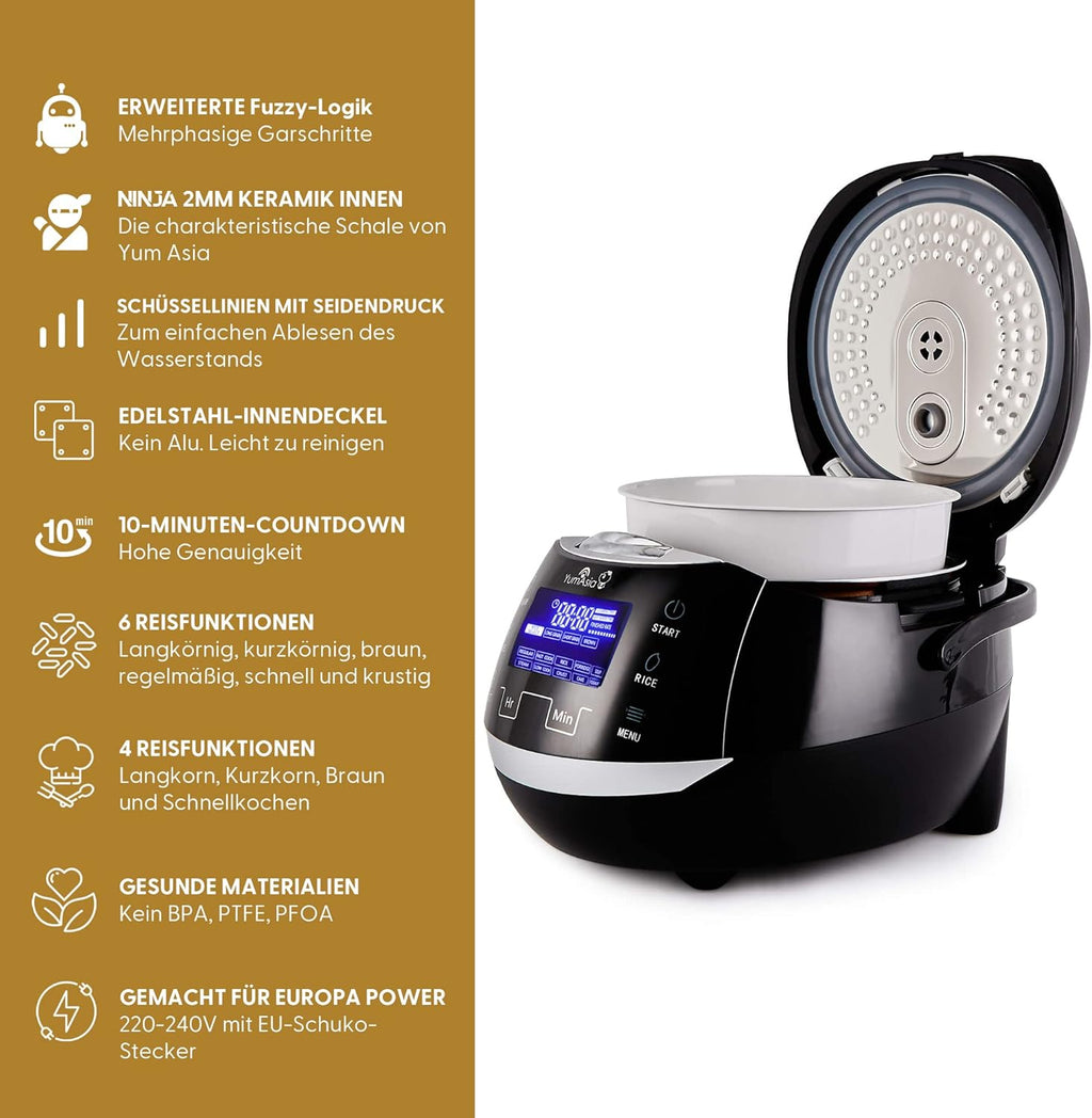 Yum Asia Sakura Cuociriso con Ciotola in Ceramica e Logica Fuzzy Avanzata (8 tazze, 1,5 litri), 6 Funzioni di Cottura Riso, 6 Funzioni Multicooker, Display LED Motouch, 220-240V EU (Nero e Argento)