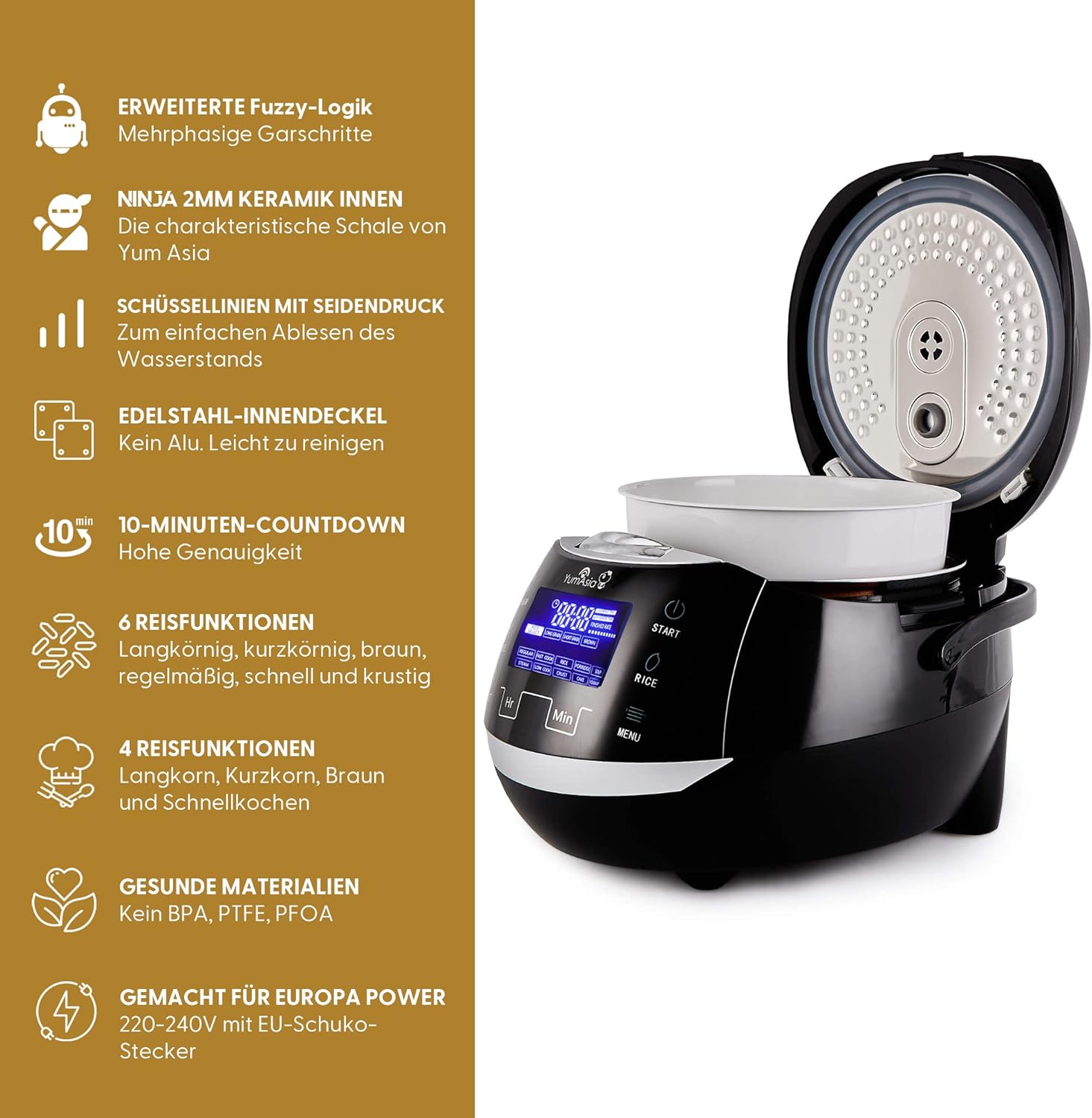 Yum Asia Sakura Cuociriso con Ciotola in Ceramica e Logica Fuzzy Avanzata (8 tazze, 1,5 litri), 6 Funzioni di Cottura Riso, 6 Funzioni Multicooker, Display LED Motouch, 220-240V EU (Nero e Argento)
