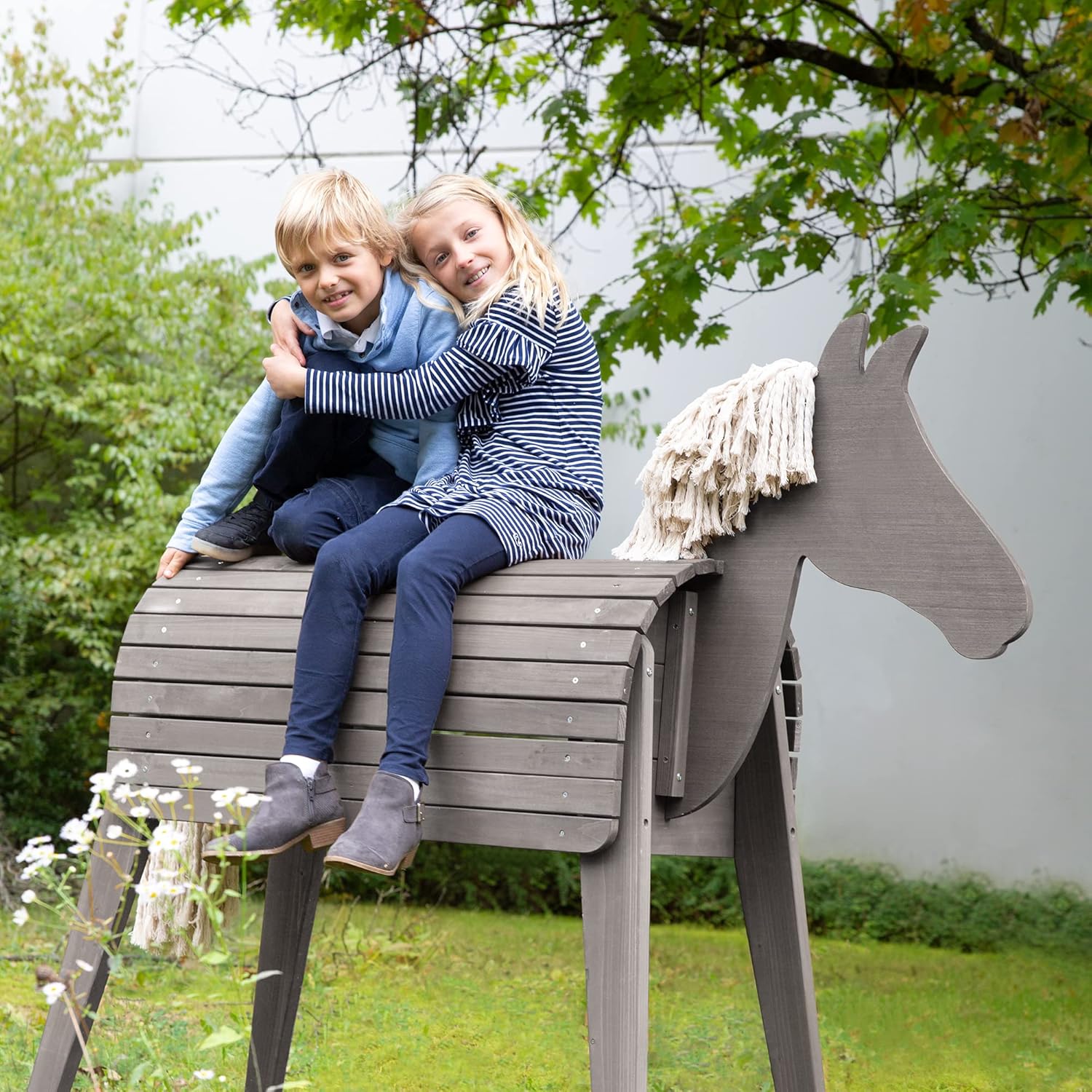 roba Holzpferd für den Garten - Voltigierpferd mit Mähne und Schweif - Spielpferd zum Turnen und Reiten - Holz massiv - Grau lasiert