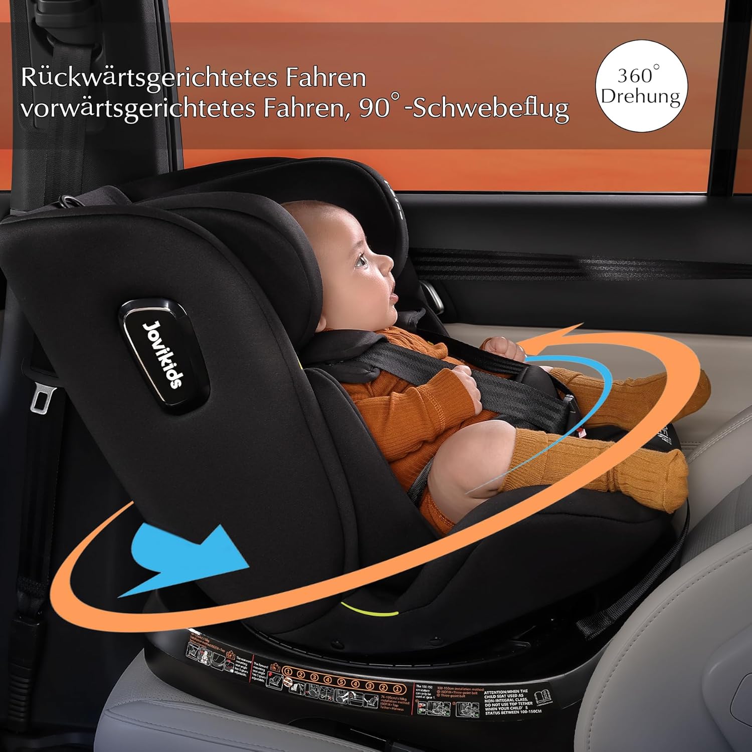Jovikids 360° Drehbar Kindersitz mit ISOFIX und Ruheposition, i-Size(ECE R129) 40-150cm(0-36kg) Reboarder Baby Autositz, ab Geburt -12 Jahre (schwarz)
