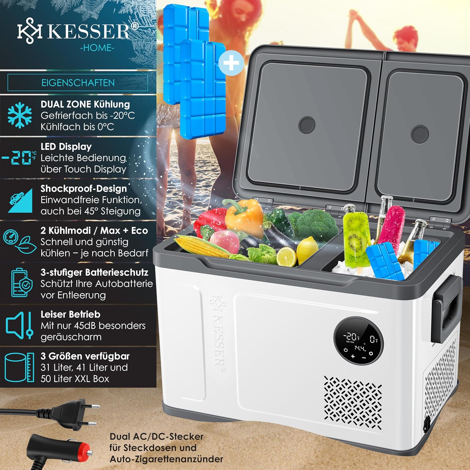 KESSER® Frigorifero Portatile a Compressore 2in1 Doppia Zona Fredda & Congelatore, Box Congelatore Elettrico con 2x Ghiaccioli & Controllo Touch LED | Refrigerazione fino a -20 °C per Campeggio, Auto, Camion 12/24V 230V