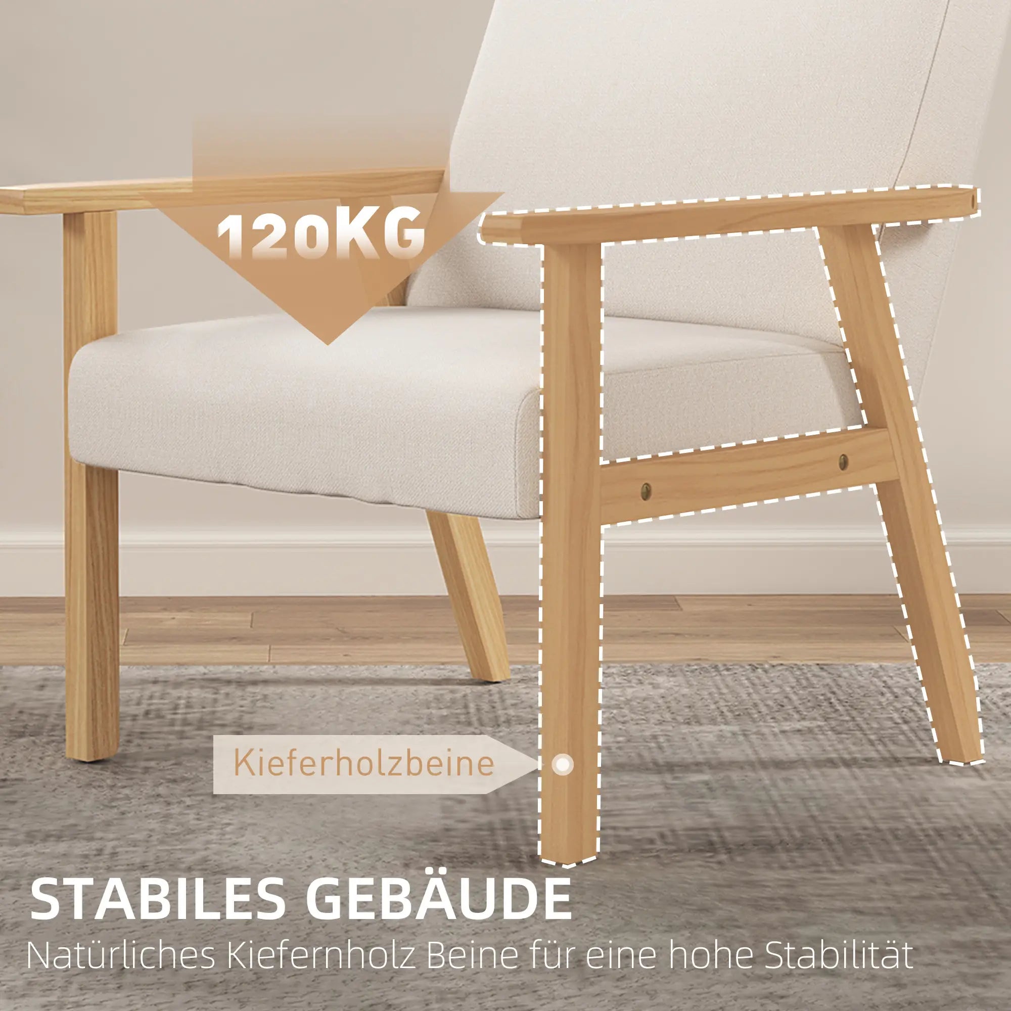 HOMCOM Polsterstuhl Akzentsessel skandinavisches Design breite Sitzfläche cremeweiß