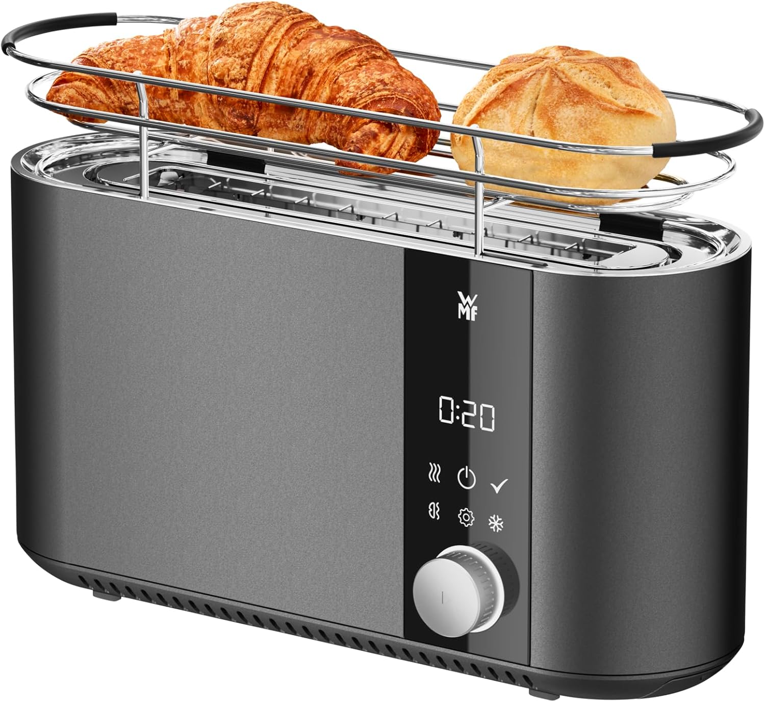 WMF Master Toaster Langschlitz motorizzato, tostapane 2 fette, pane tostato XXL, centratura automatica del pane, funzione Check-Up, tostapane 980 W, pannello touch, barra luminosa LED, tostapane acciaio inox opaco