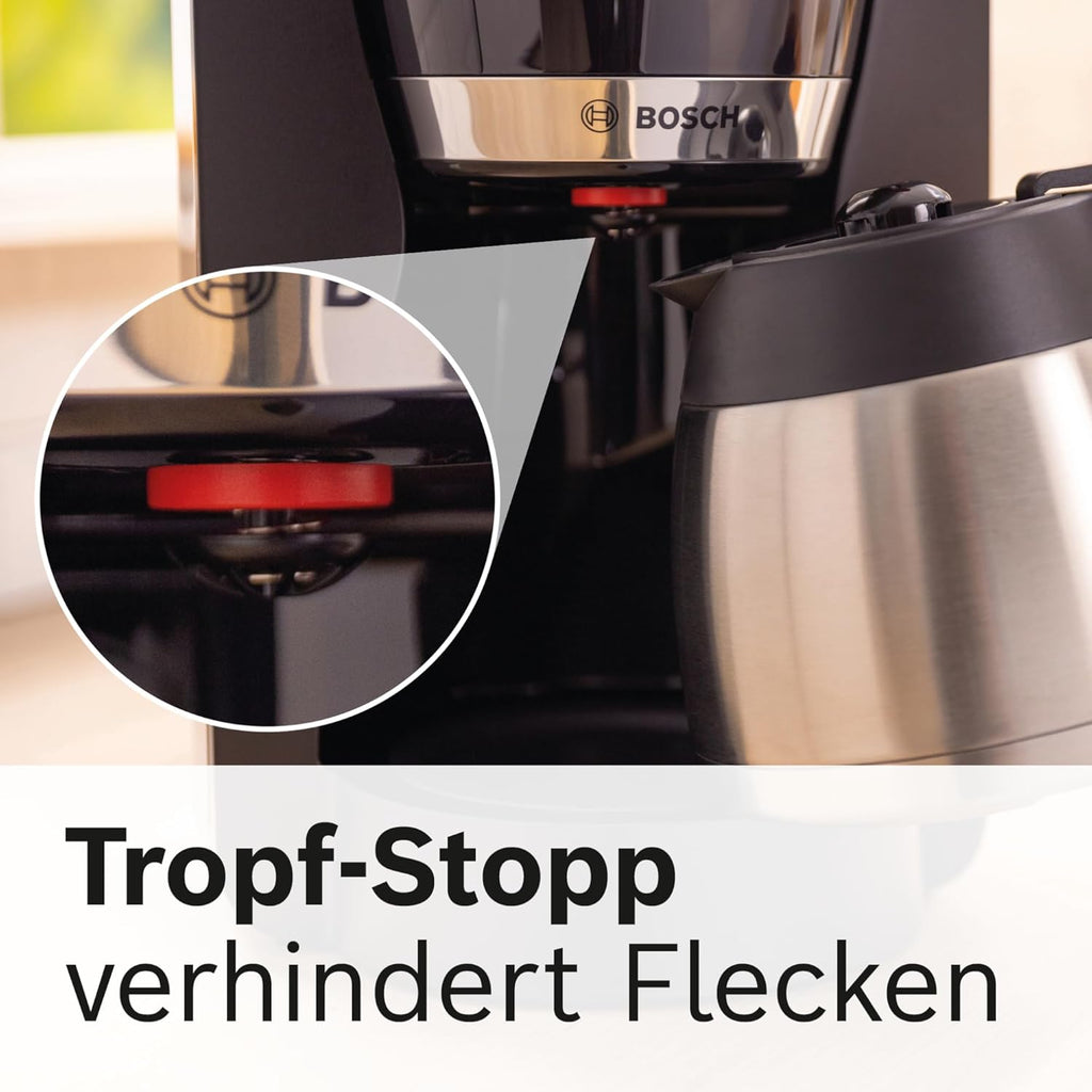 Bosch Filterkaffeemaschine MyMoment TKA3M134, Thermokanne 1 L, für 8-12 Tassen, Tropfstopp, schwenkbarer Filtertrger, Entkalkungsprogramm, abnehmbarer Wassertank, 1200 Watt, Schwarz matt
