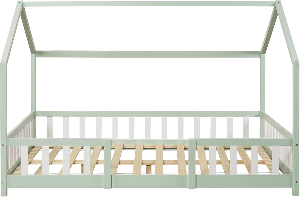 [en.casa] Letto per bambini Sisimiut a capanna 80 x 160 cm con protezione anticaduta letto in legno per bambini letto a terra rete a doghe in legno di pino Bianco opaco