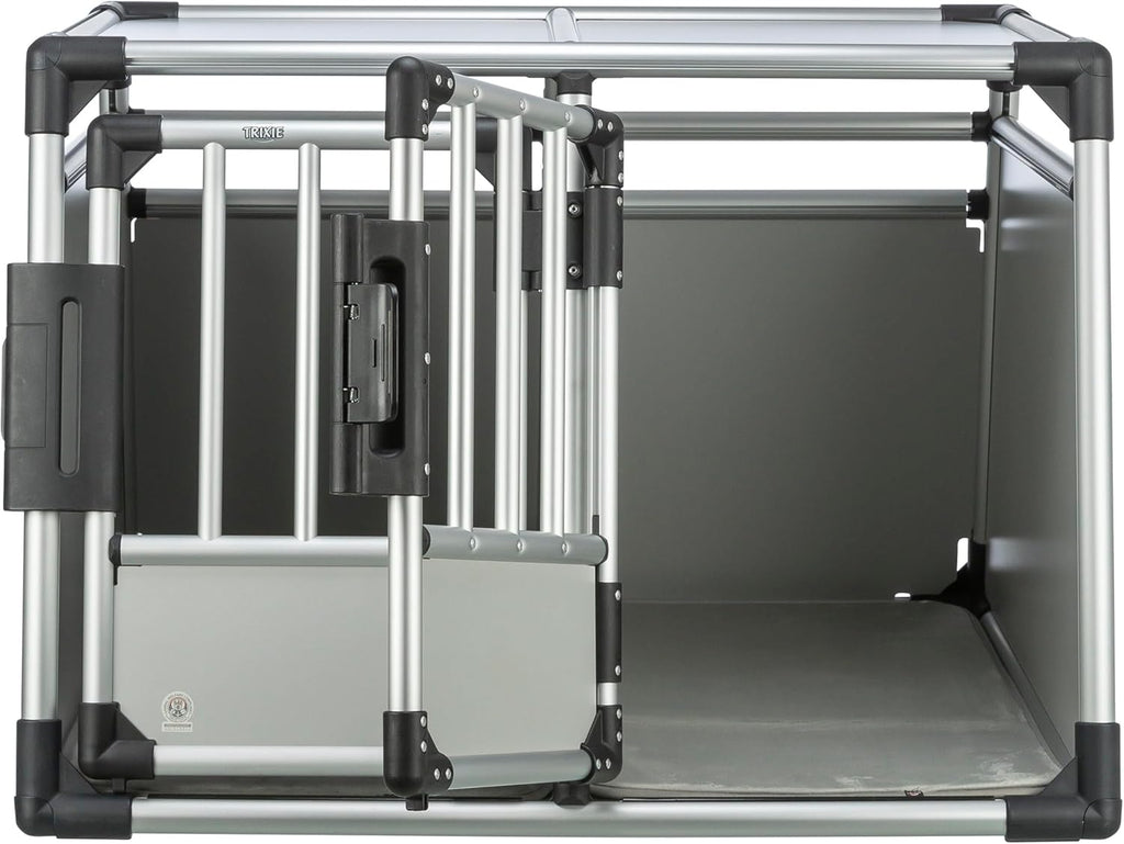 TRIXIE Hunde-Transportbox Aluminium in silber – M: 55 × 62 × 73 cm, stabile und geräuscharme Hundebox mit abgeschrägten Seiten, Sicherheitsverschluss & rutschfester Liegematte – 39342
