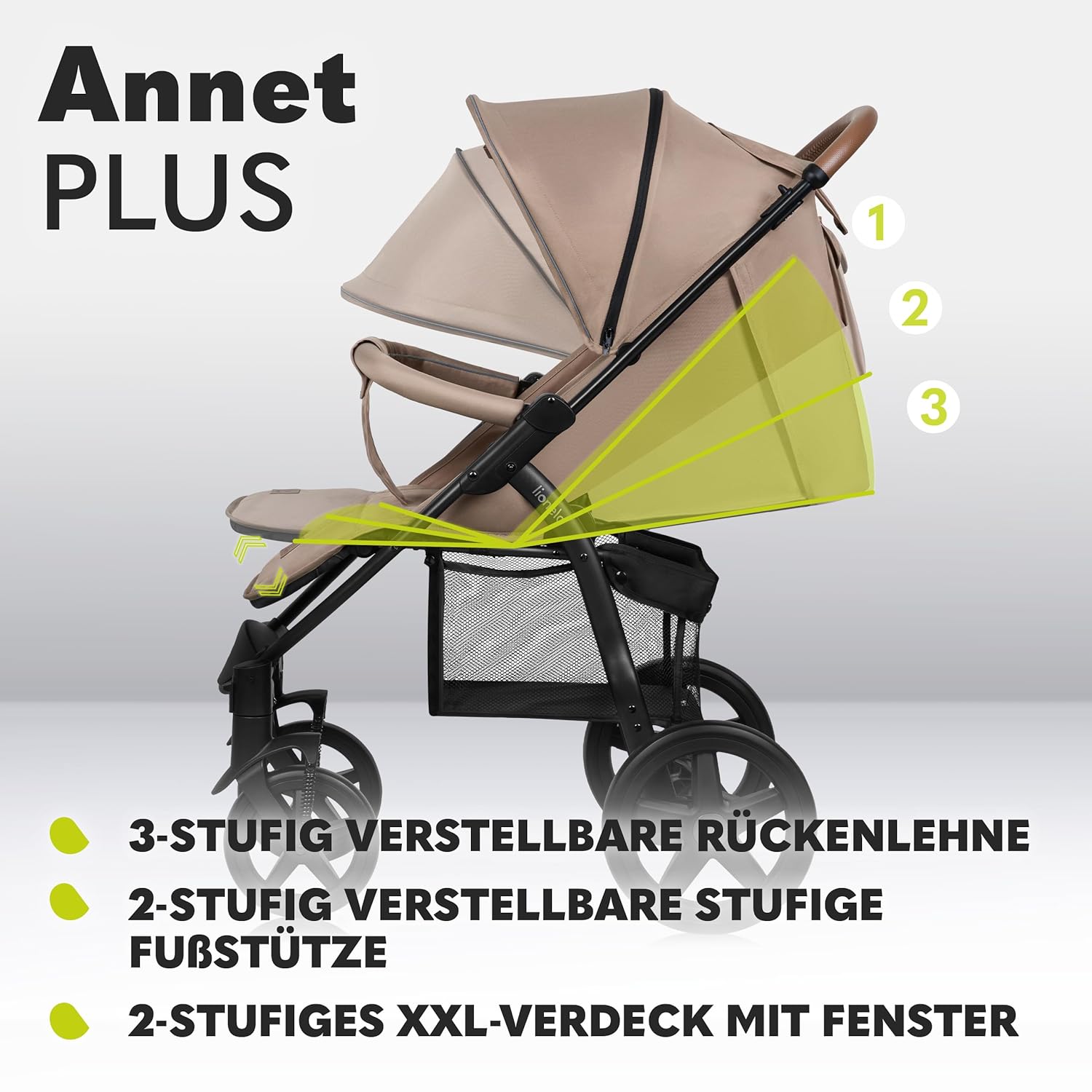 LIONELO Annet Buggy fino a 22 kg con funzione reclinabile, passeggino compatto richiudibile con accessori, ruote in schiuma EVA, zanzariera, coprigambe, portabevande, cestino (Golden Moments, Tour)