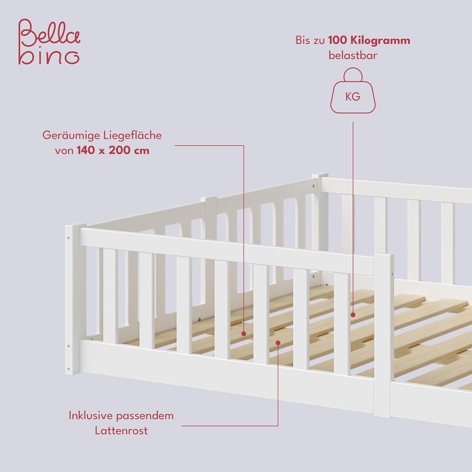Bellabino Vere Letto a Pavimento 140x200 Montessori, Letto Matrimoniale con Protezione Anticaduta e Rete a Doghe, Letto per Bambini e Bambine in Legno Massello di Pino Bianco con Sbarre