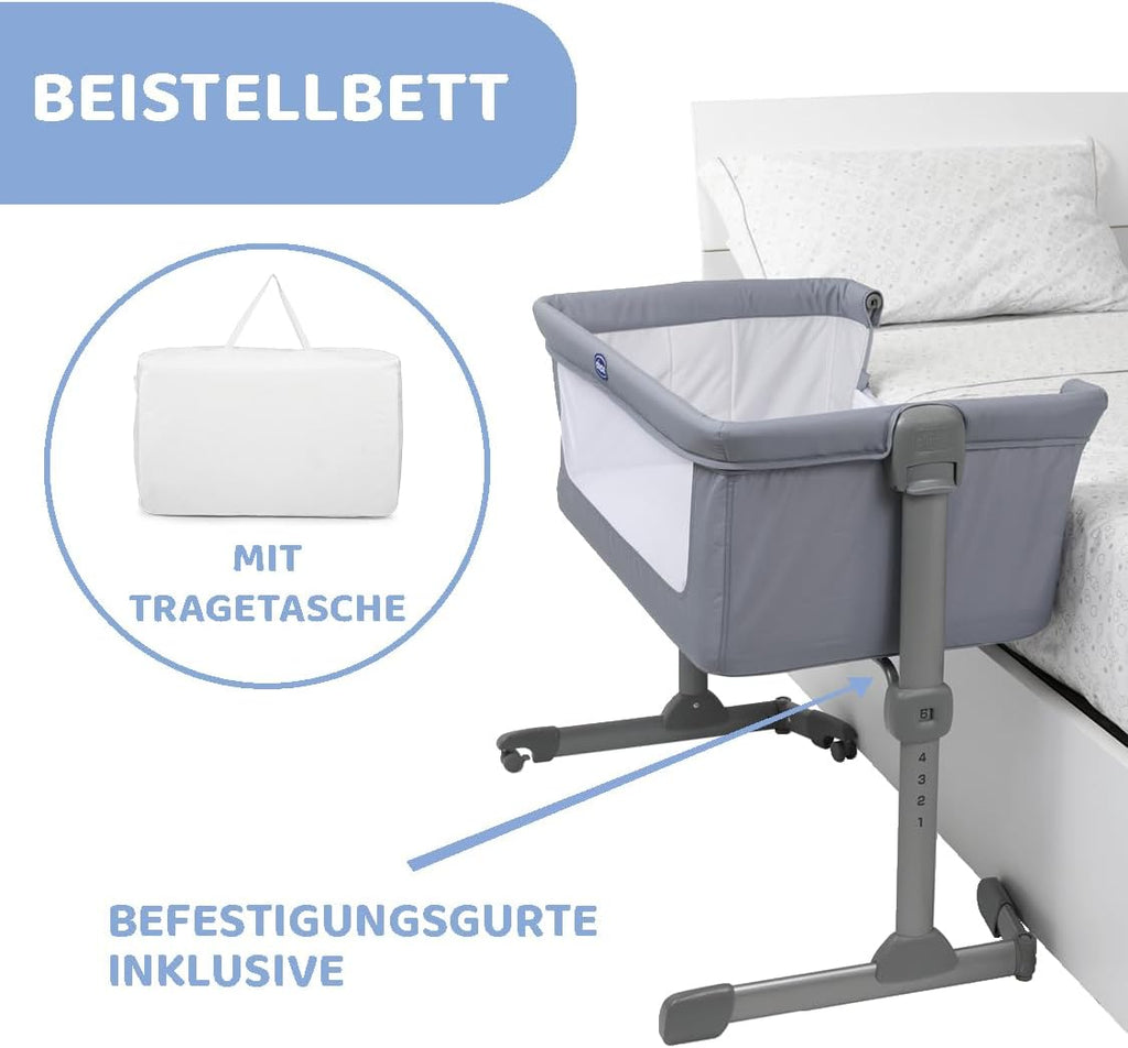 Chicco Next2Me Essential Lettino fianco letto per neonati, Sostenibile, Compatibile con diversi letti, Regolabile in altezza, Inclinabile, Buona circolazione dell'aria, Materasso e borsa inclusi, 0-6 mesi