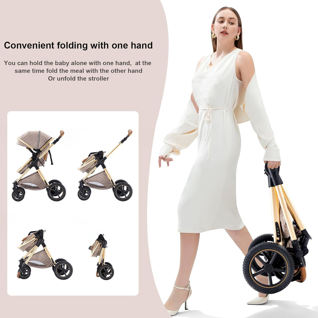 Shineey kinderwagen 3 in 1 Buggy Babybett Komplett Set Einem Klick Zusammenklappbarer Kinderwagen, 3 in 1 KombiKinderwagen Aluminiumrahmen für Neugeborene