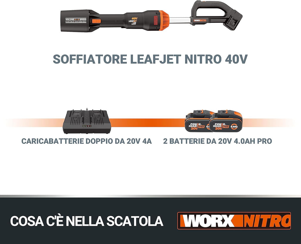 WORX NITRO 40V Profi Akku-Laubbläser WG585E.9 - starker bürstenloser Motor - 3 Geschwindigkeiten & 2 Modus - 266km/h Luftgeschwindigkeit - 1053m³/h Luftmenge - leicht & kompakt - ohne Akku & Ladegerät