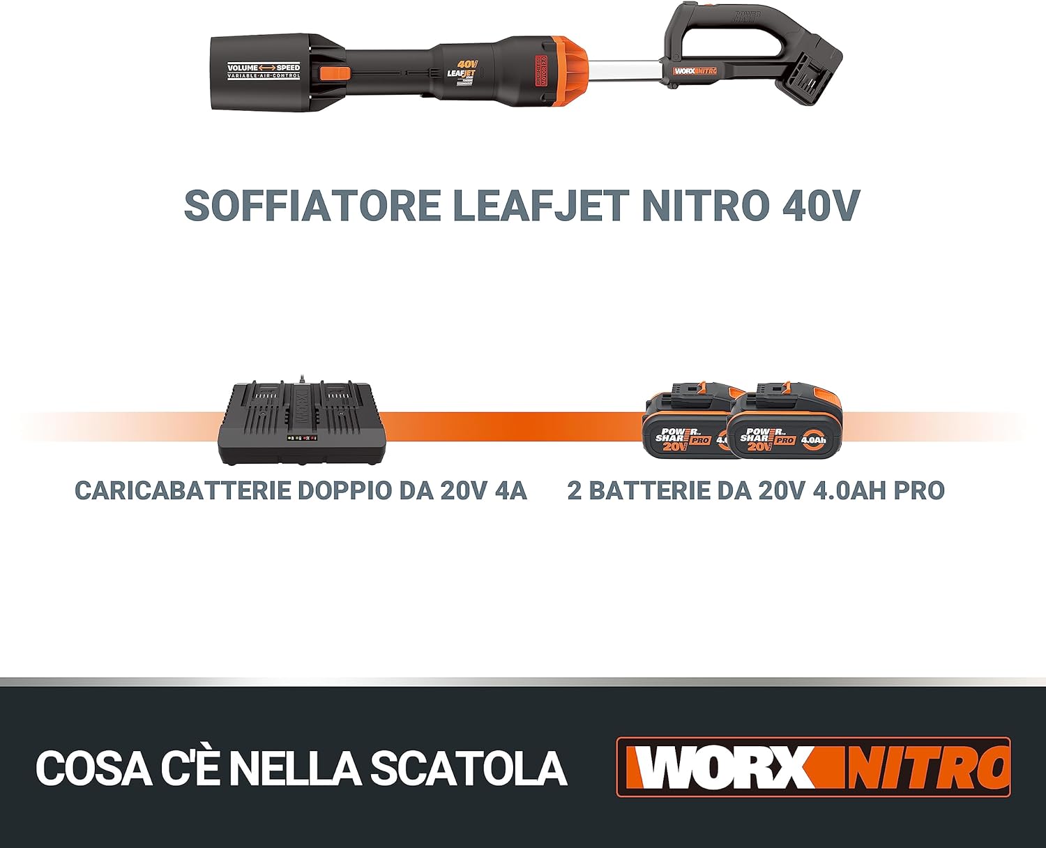 WORX NITRO 40V Profi Akku-Laubbläser WG585E.9 - starker bürstenloser Motor - 3 Geschwindigkeiten & 2 Modus - 266km/h Luftgeschwindigkeit - 1053m³/h Luftmenge - leicht & kompakt - ohne Akku & Ladegerät