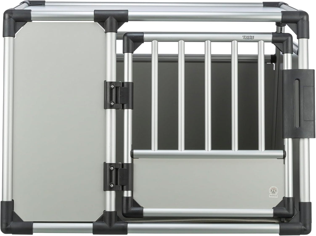 TRIXIE Hunde-Transportbox Aluminium in silber – M: 55 × 62 × 73 cm, stabile und geräuscharme Hundebox mit abgeschrägten Seiten, Sicherheitsverschluss & rutschfester Liegematte – 39342