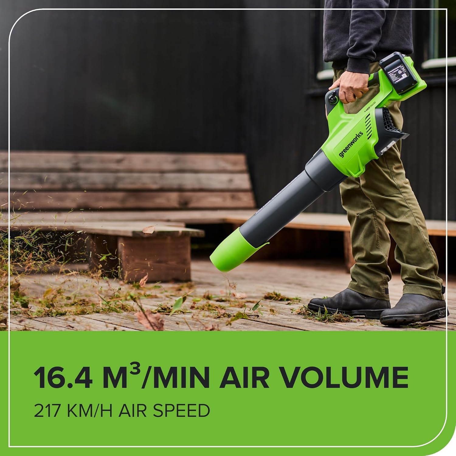 Greenworks Soffiatore assiale a batteria 48V (2x24V) con motore brushless, funzione turbo, 217 km/h, 16,4 m³/min, PIÙ due batterie da 24V 2Ah e caricabatterie, 3 anni di garanzia GD24X2ABK2X