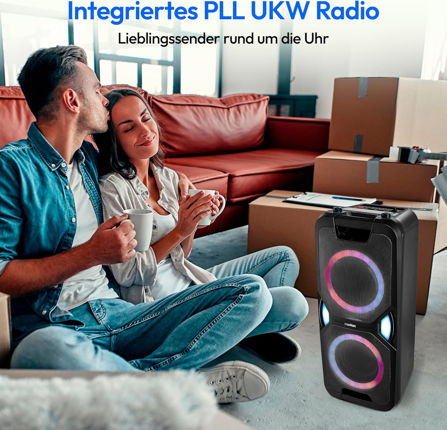MEDION P61468 Party-Soundsystem (Altoparlante da festa con microfono, Karaoke, Batteria, Radio FM, Bluetooth 5.0, Sistema compatto, 2x 220 Watt, LED colorati, USB, AUX, 2x connettori per microfono)