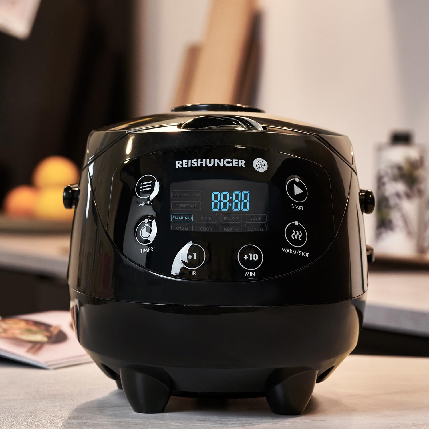 REISHUNGER Cuociriso digitale piccolo, nero | Da 0,6 L fino a 3 persone | Funzione mantenimento calore, timer e pentola premium | Multicooker e vaporiera piccoli, 8 programmi, tecnologia a 7 fasi