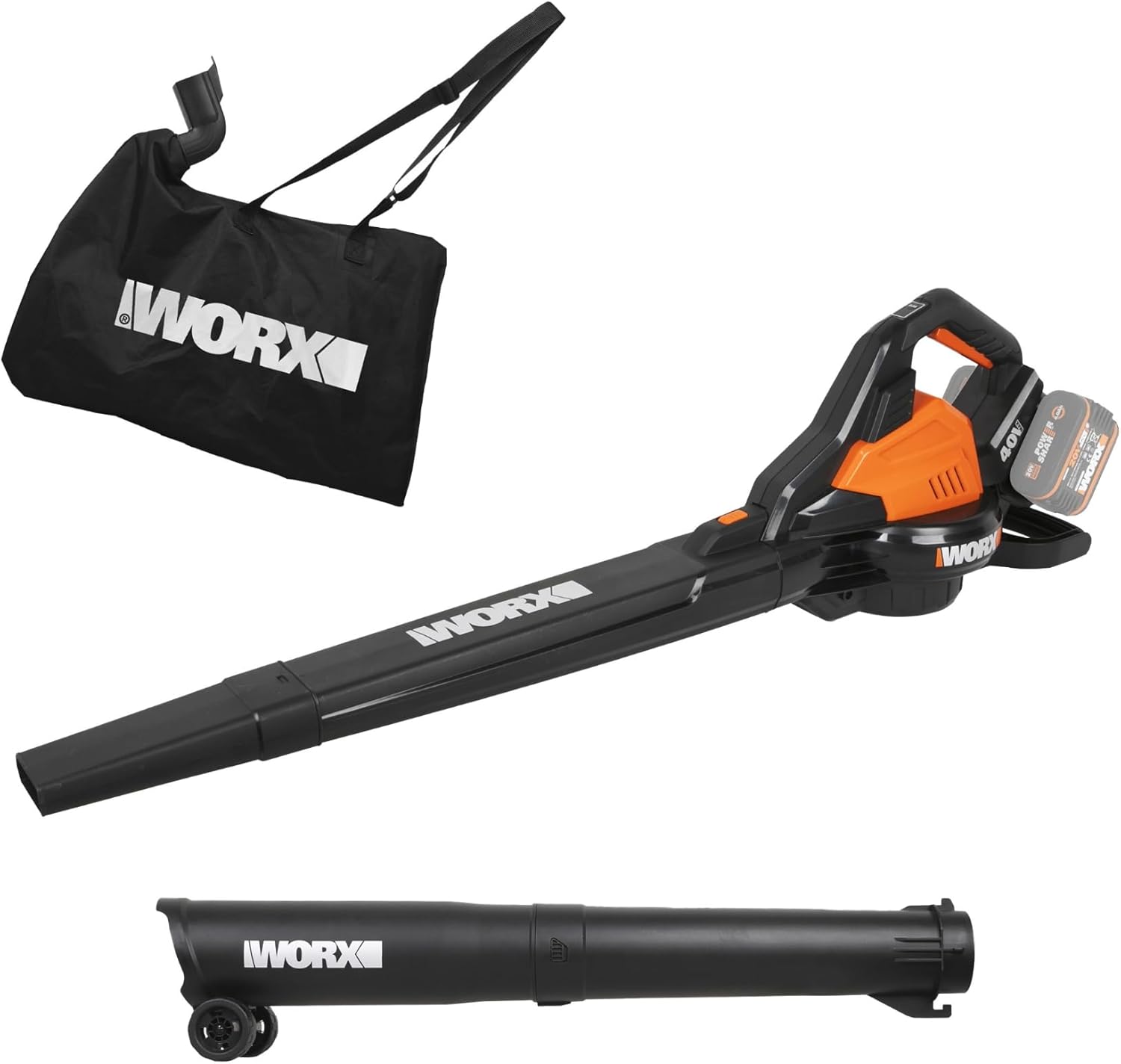 WORX WG583E.9 Soffiatore/Aspiratore per Foglie a Batteria 40V (2x20V) - 2 in 1 per Spazzare e Aspirare le Foglie - Sacco di Raccolta da 35L - Senza Batteria e Caricabatterie, Nero / Arancione