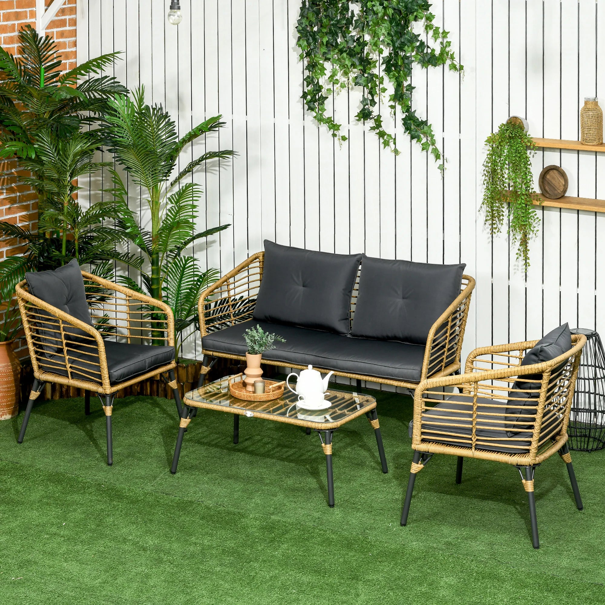 Outsunny Set Divano da Giardino in Polyrattan 4 pz Stile Boho Tavolino in Vetro