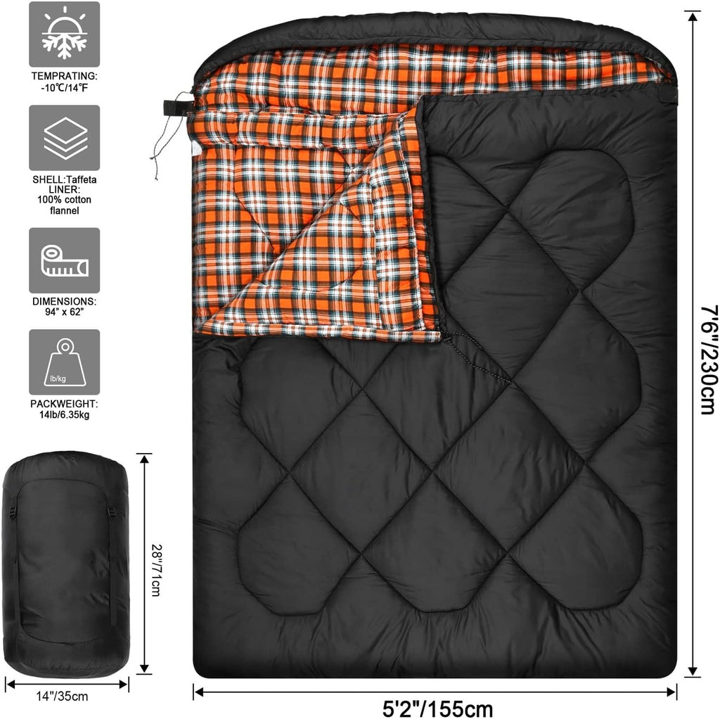 Mcota Winter 0 Grad Doppelschlafsack, Queen-Size-Größe, Schlafsack mit 100% Baumwoll-Flanellfutter, warm und wasserdicht, für 2 Personen Schlafsack für Camping, Angeln oder Jagd bei kaltem Wetter
