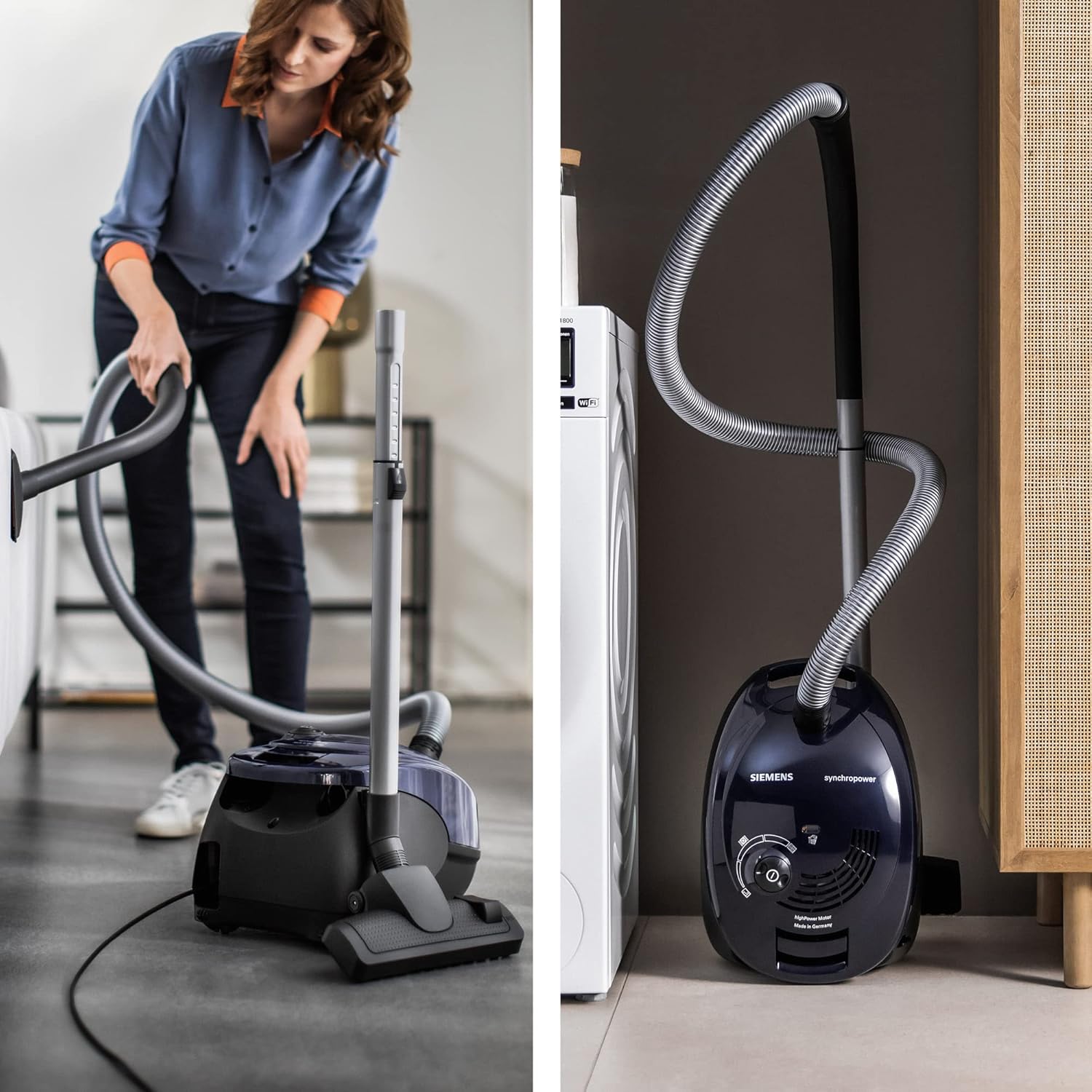 Siemens synchropower VS06A111 Aspirapolvere con sacchetto, aspirapolvere a traino, filtro igienico, spazzola per pavimenti duri e tappeti, elevata potenza di aspirazione, cavo lungo, bocchetta a lancia, 600 W, blu