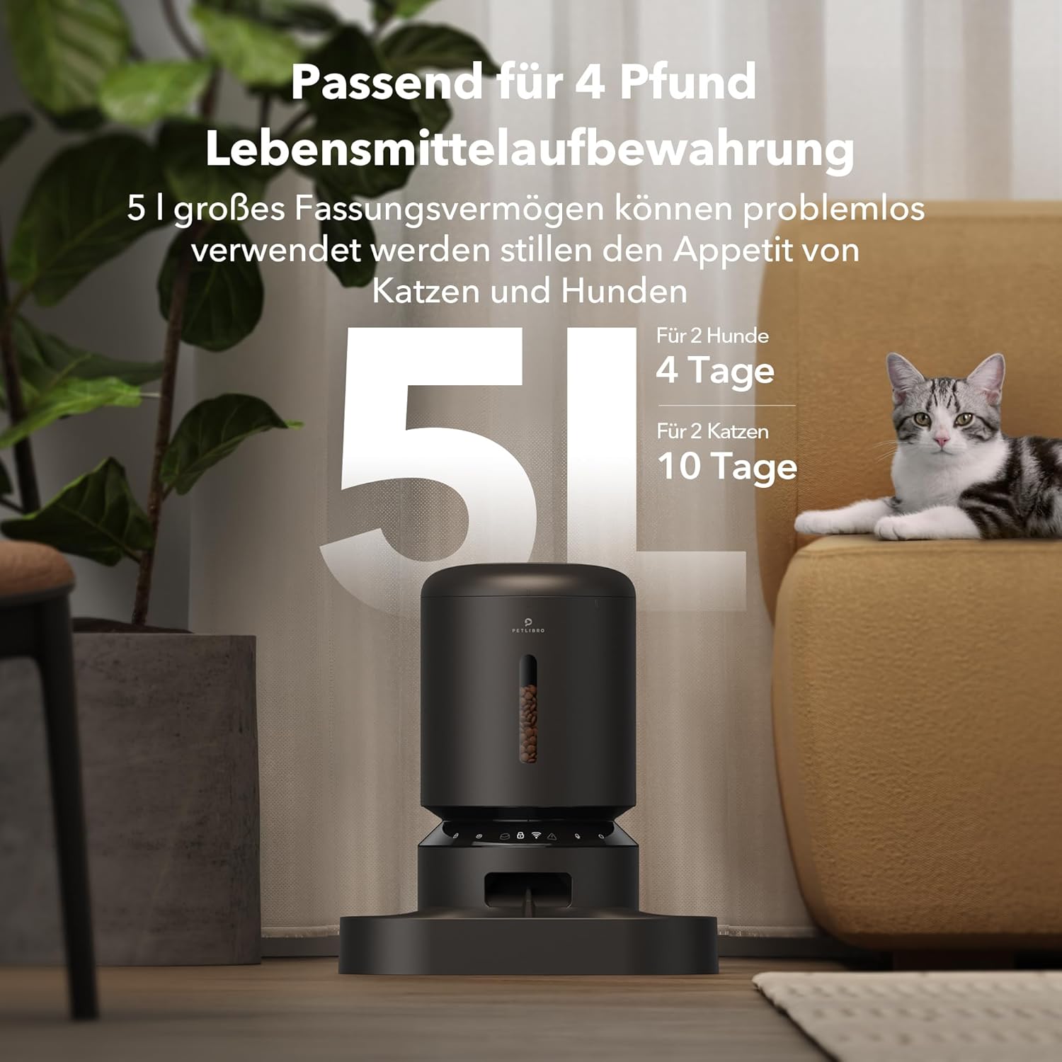 PETLIBRO 5L Futterautomat für 2 Katzen und Hunde mit APP, 5G-WLAN-Haustierfutterspender, Automatische Katzenfutterspender mit Sensor für niedrigen Futtermangel, 1–10 Mahlzeiten pro Tag