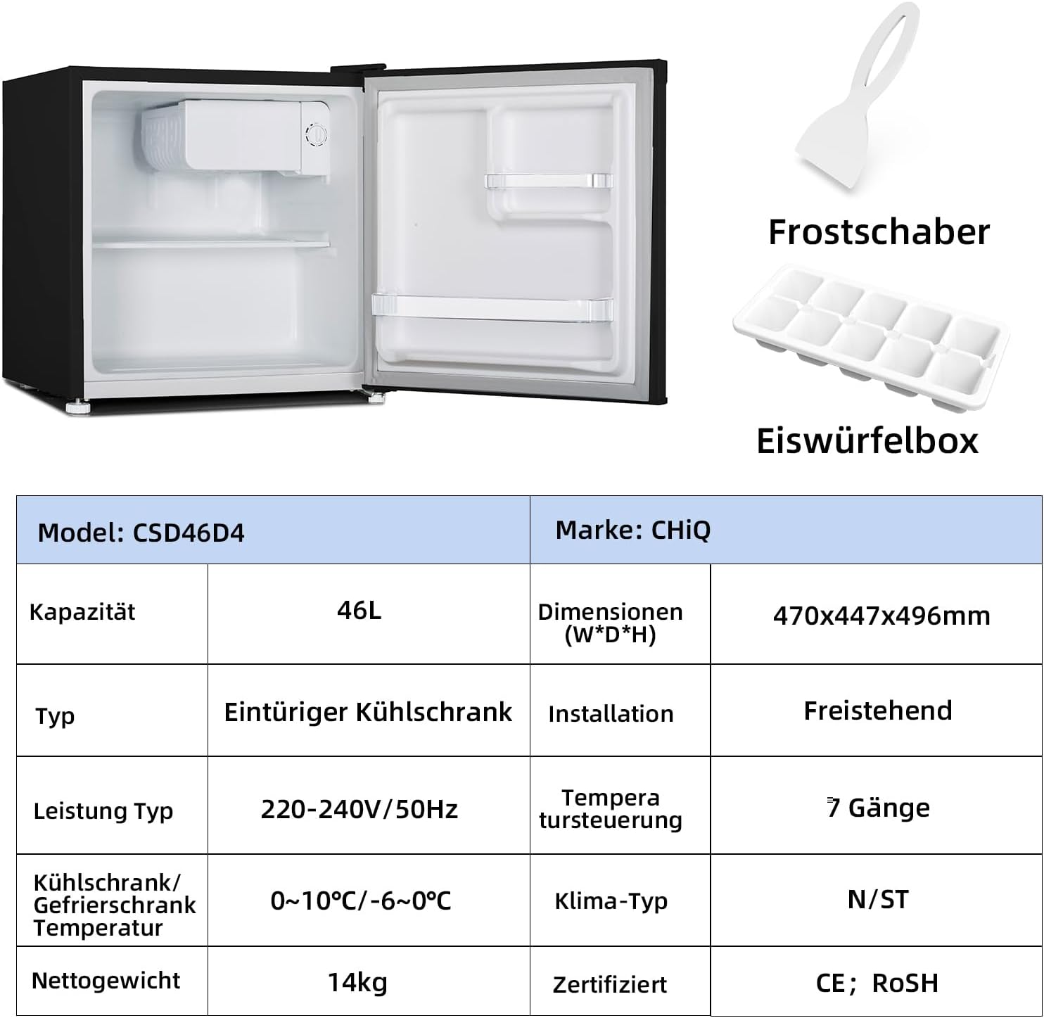 CHIQ Mini Bar Fridge 46 L, Mini Fridge, 49.6 x 47.4 x 44.7 cm (H x W x D), E Energy Consumption 80 kWh per Year, Very Quiet 39 dB