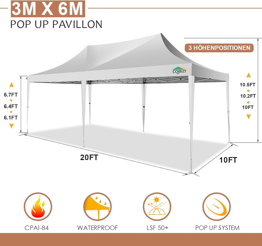 COBIZI Gazebo 3x6 Pieghevole Impermeabile Stabile con 6 Pareti Laterali a Cono Tenda per Feste 3 Altezze Regolabili Protezione UV Borsa per il Trasporto Picchetti, Corde per Giardino, Matrimoni, Mercati, Eventi all'Aperto