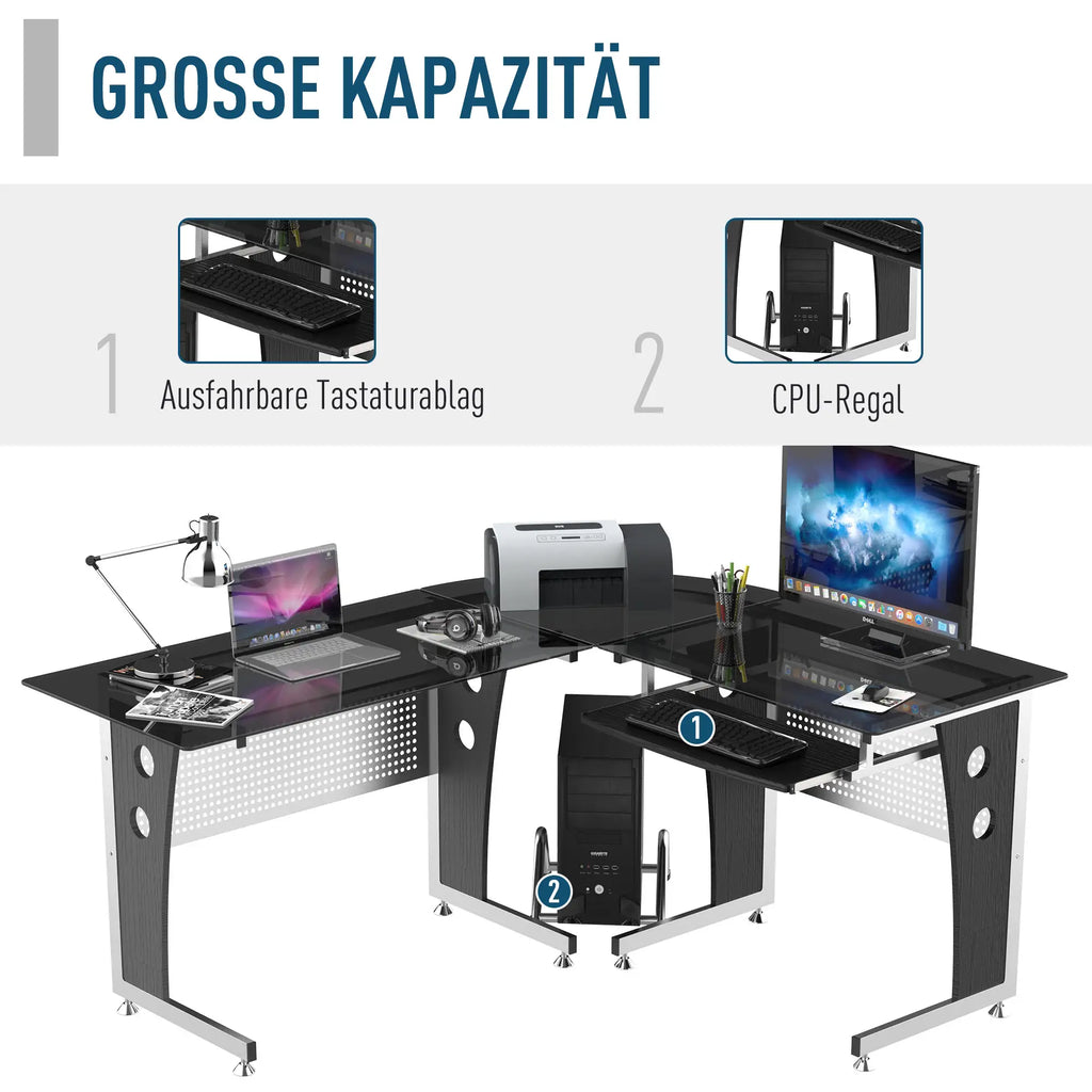 HOMCOM Scrivania angolare a L con vassoio per tastiera e supporto per PC tower