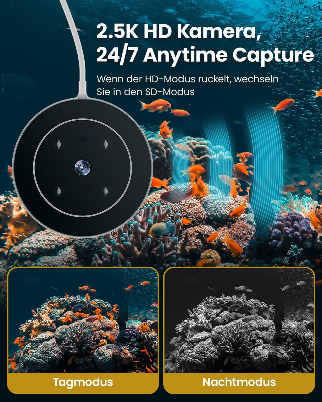 Wolmds automatischer Fischfütterer mit 2.5K Kamera, App-Steuerung, feuchtigkeitsbeständiger Urlaubsfutterspender, Präzisionsfütterungssystem, visueller Monitor für Aquarien, Schildkrötenstiften (FS-2)