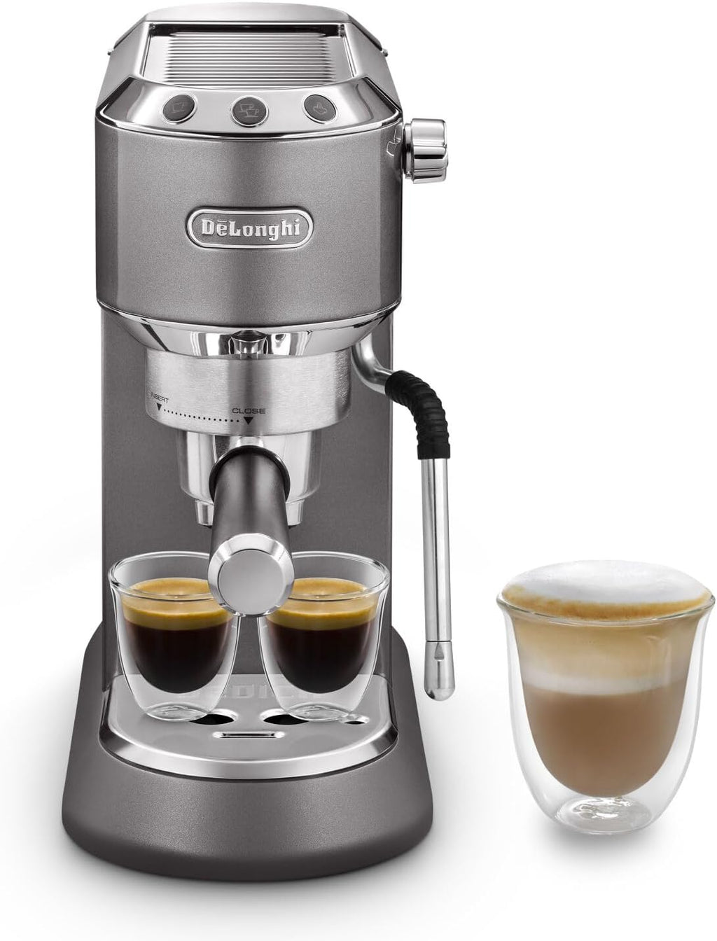 De'Longhi Dedica Style EC 685.M – Macchina da caffè espresso con portafiltro, con montalatte professionale, larga solo 15 cm, per caffè in polvere o cialde ESE, serbatoio dell'acqua da 1 l, argento