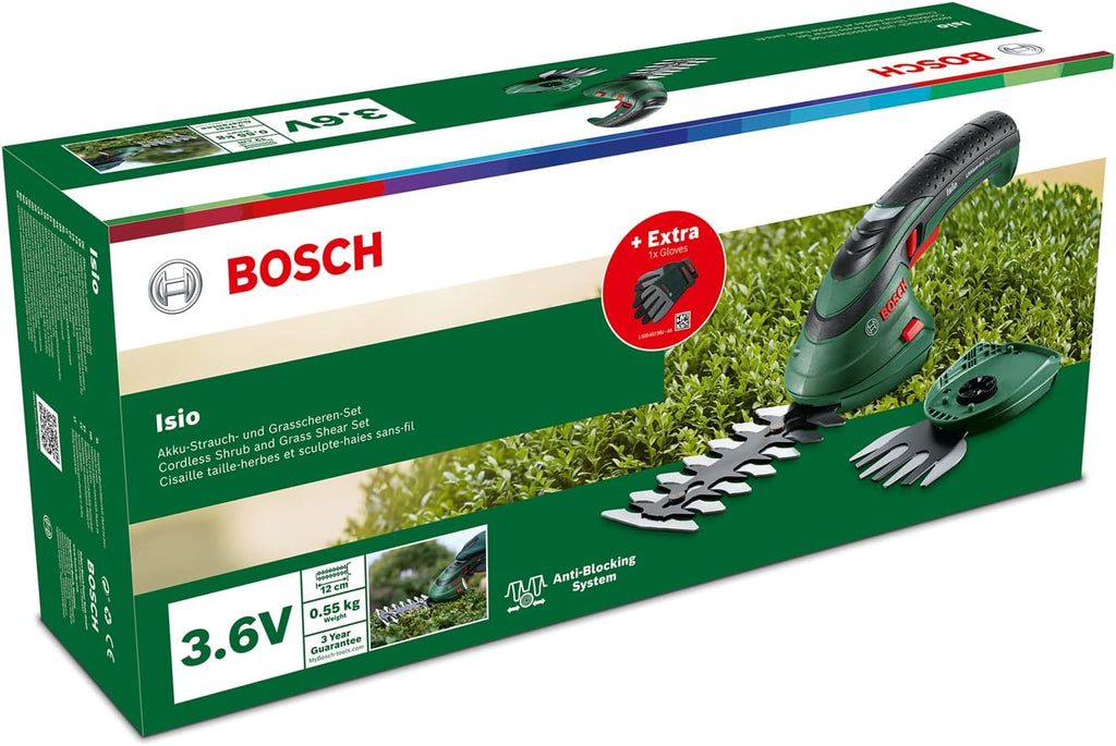Set di tosaerba a batteria Bosch Isio (3,6 Volt, lunghezza lama 12 cm, distanza tra i denti 8 mm, con guanti da giardinaggio XL inclusi, in softcase) - Amazon Edition