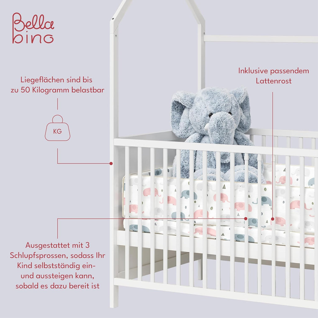Bellabino Nika Lettino a capanna 70 x 140 cm, letto con sbarre e lettino a capanna per bambini e neonati in pino massiccio bianco, regolabile in altezza su 3 posizioni, incl. rete a doghe