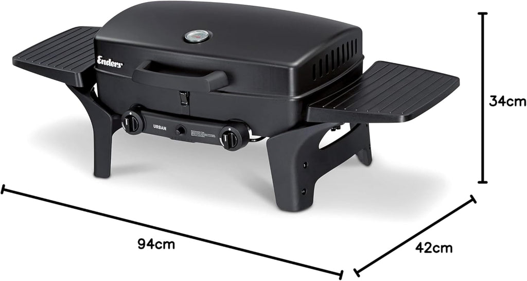 Enders Gasgrill Urban II Pro, barbecue da tavolo, funzione grill, cottura e forno, 2 bruciatori in acciaio inox, con termometro per grill, barbecue da balcone e campeggio, corpo in alluminio pressofuso, griglia in ghisa, #2062