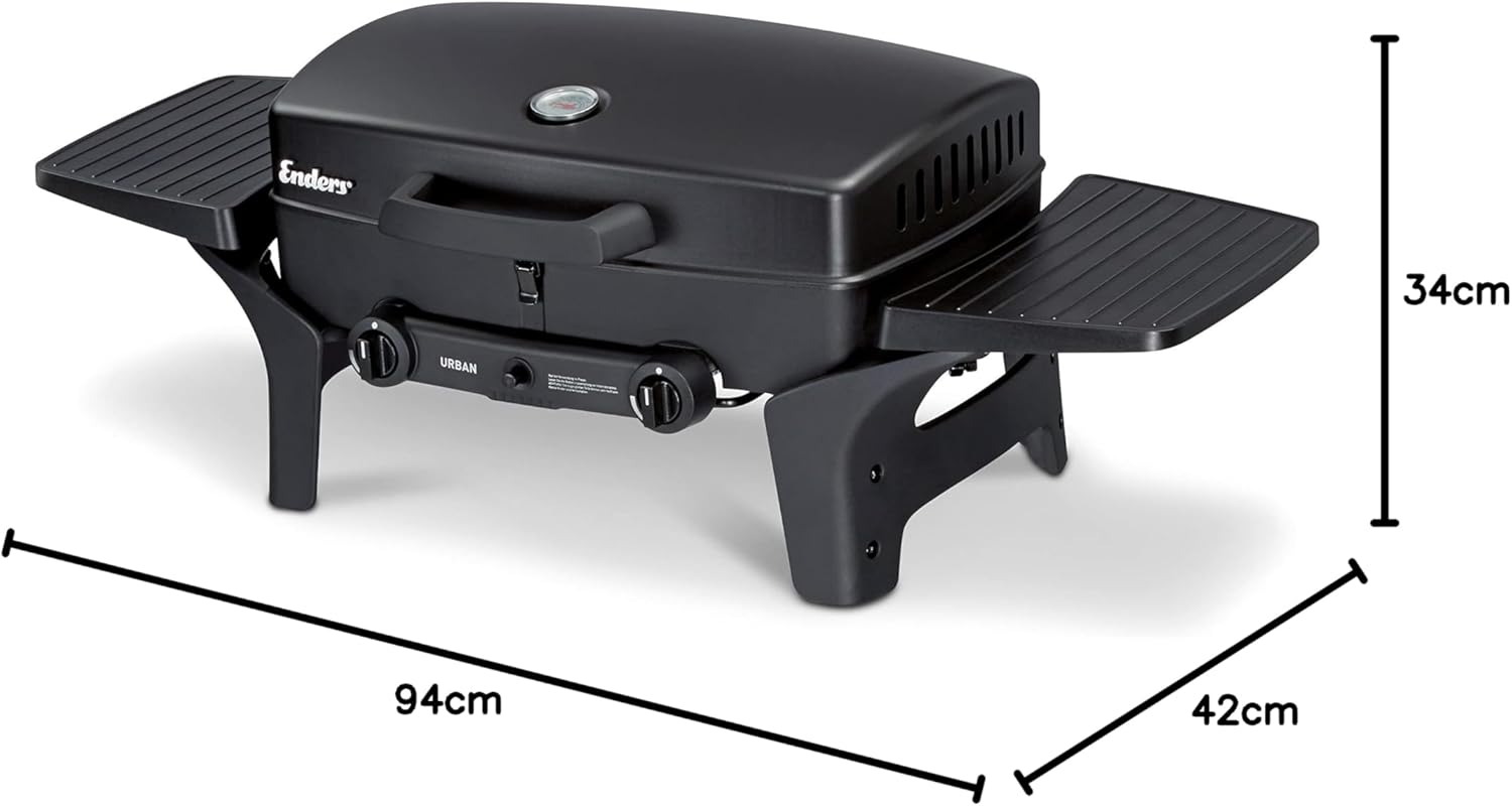 Enders Gasgrill Urban II Pro, barbecue da tavolo, funzione grill, cottura e forno, 2 bruciatori in acciaio inox, con termometro per grill, barbecue da balcone e campeggio, corpo in alluminio pressofuso, griglia in ghisa, #2062