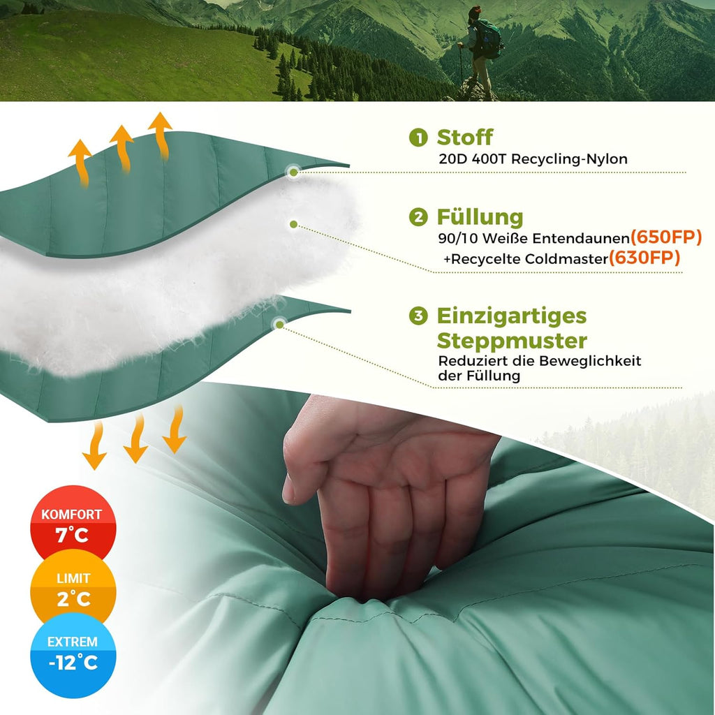 ATEPA Daunenschlafsack Winter Outdoor,Daunenschlafsack, Übergröße Ultraleichter, 3 Jahreszeiten Warm, XXL Leichtgewicht, großartiger Komfort, Ideal für Rucksacktouren Erwachsene Camping, Wandern