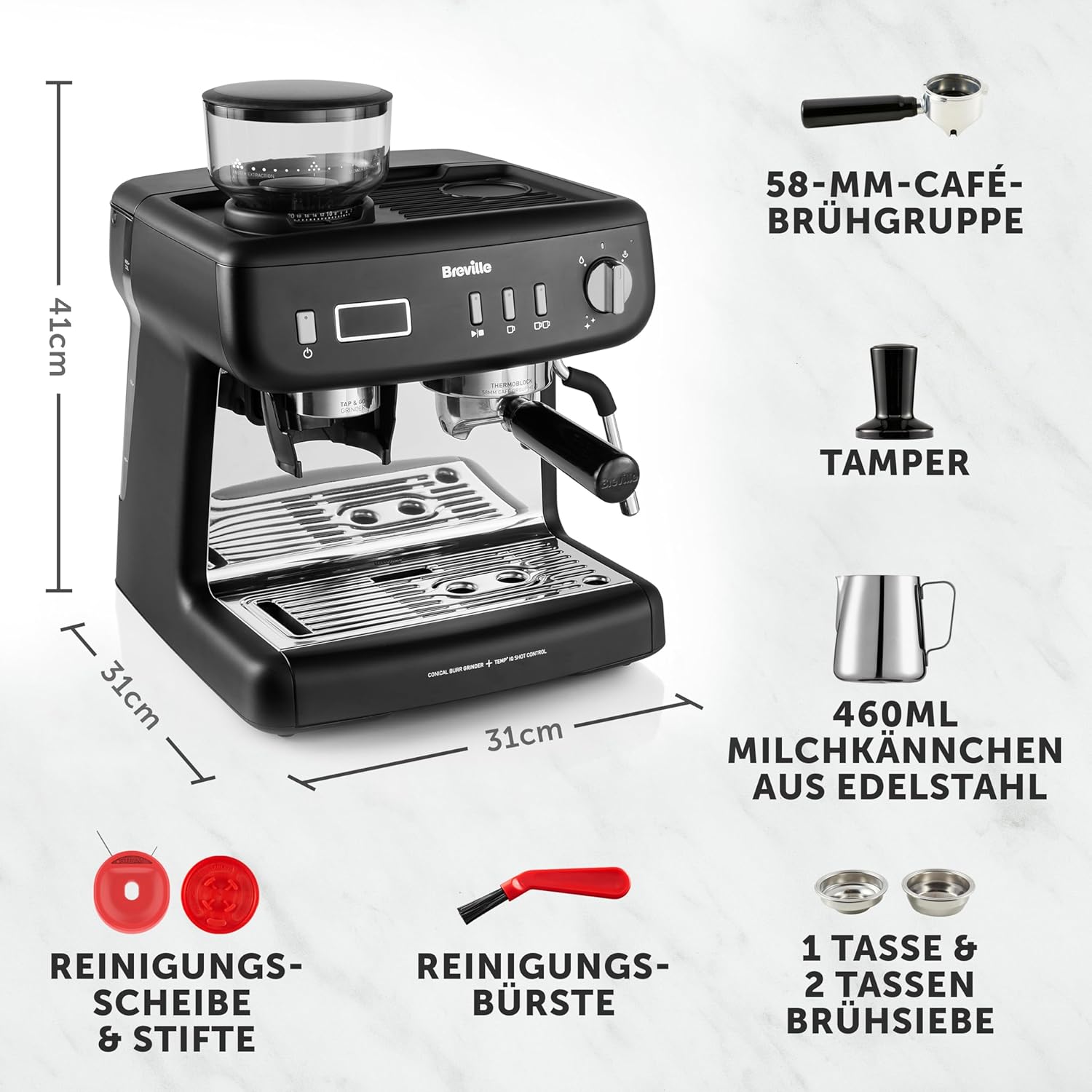 Breville Barista Max Macchina da caffè con braccio per espresso | Macchina da caffè espresso con macinacaffè integrato e montalatte | Serbatoio dell'acqua da 2,8 l | Pompa italiana da 15 bar | Acciaio inossidabile [VCF126X]