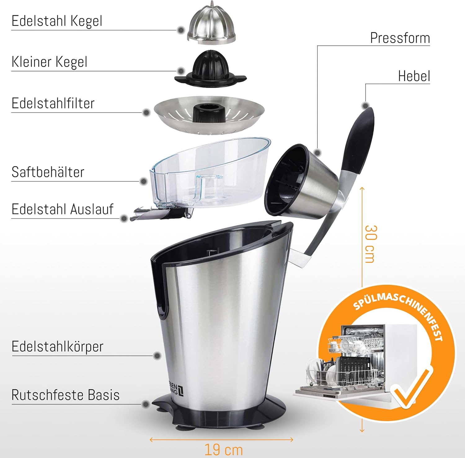 LEBENLANG Spremiagrumi elettrico 600W - Incl. cono in acciaio inox & senza BPA I Alta resa I Spremiagrumi Spremiagrumi Elettrico Spremi Limoni Spremi Melograno I Spremiagrumi Arance Spremi Limoni