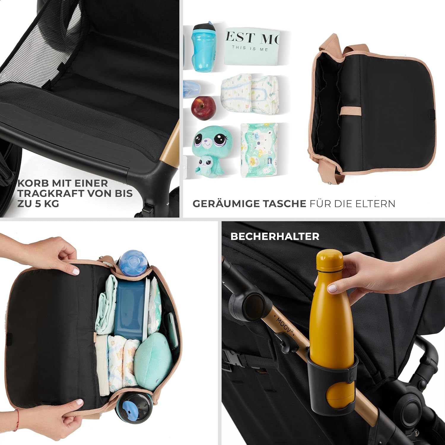 Kinderkraft MOOV2 AIR Passeggino 3 in 1, Set da 26 kg con seggiolino auto I-SIZE 40-75 cm, funzione passeggino, schienale reclinabile, ampia cappottina estensibile, ruote gonfiabili, grigio
