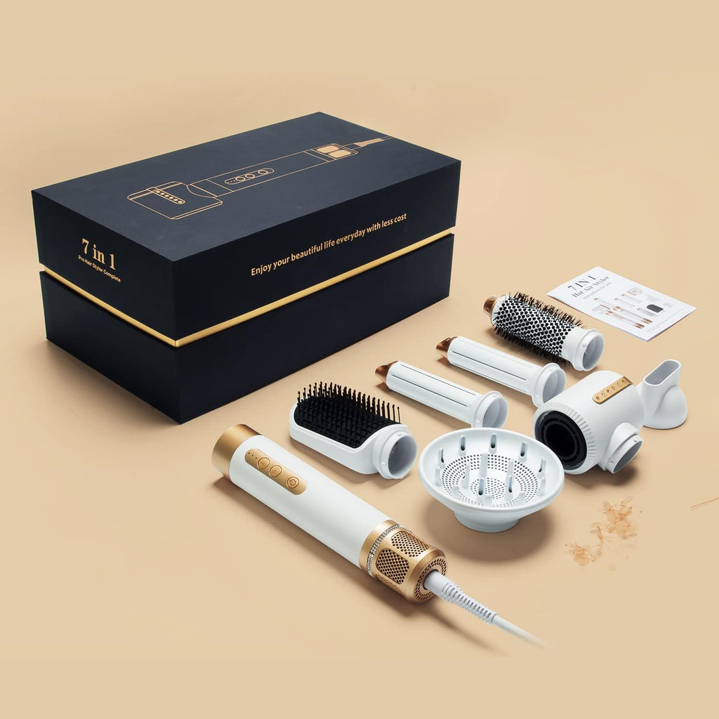 Asciugacapelli Air Styler 7 In 1, Motore ad Alta Velocità 110000 giri/min, Spazzola ad Aria Calda Con 7 Accessori, Asciugare, Lisciare, Arricciare, Dare Volume, Massaggiare il Cuoio Capelluto, Cura Ionica (Bianco)