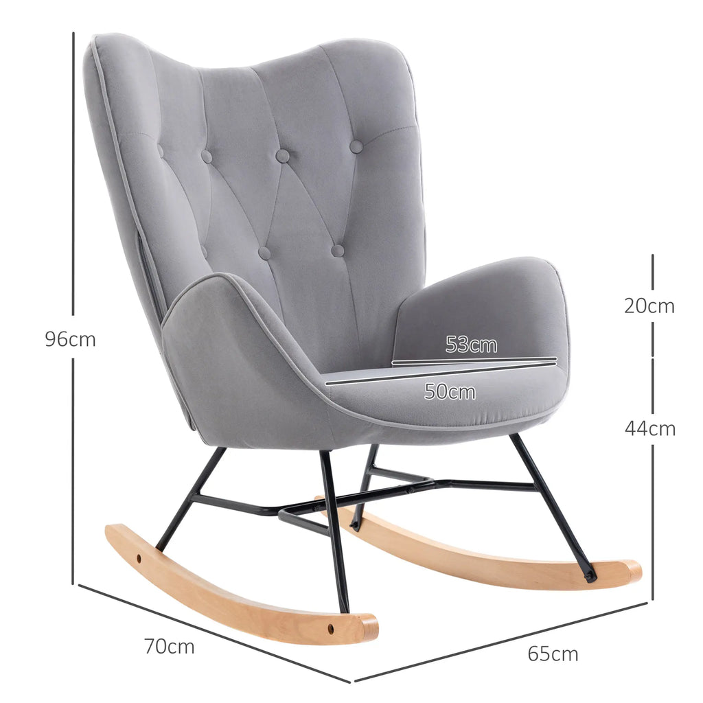 HOMCOM Sedia a Dondolo in Velluto con Schienale Alto Stile Scandinavo Grigio Chiaro