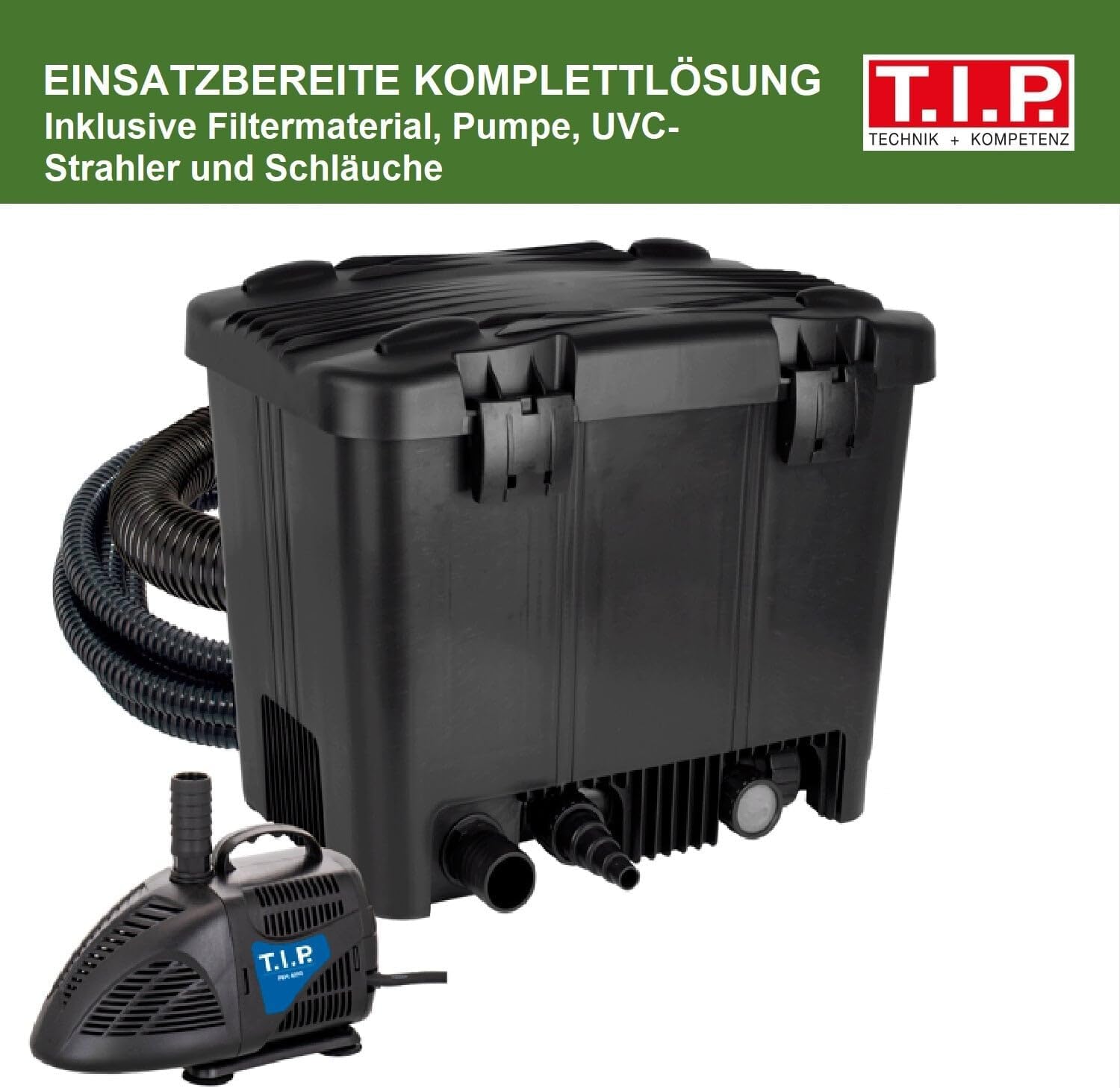 T.I.P. Teichfilter - Teichaußenfilter-Set (20.000 l Teichvolumen, Wet-and-Dry Technologie, UV-C 18 W, Filterbehälter 70 l, inkl. Pumpe, UV-C Strahler, Schläuche, Filtermaterial) WDF 20000 UV 18, 30285