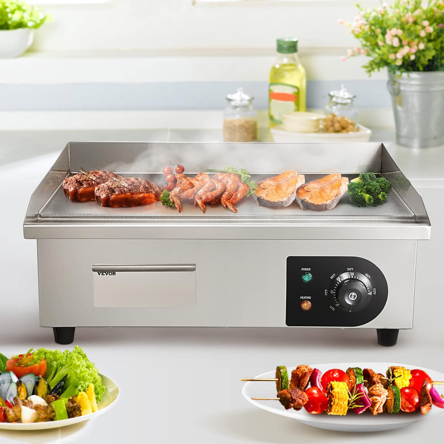 VEVOR Barbecue Elettrico 54 x 30 cm, Piastra Elettrica 3000W, Piastra di Cottura Commerciale in Ferro, Temperatura Regolabile 50 – 300 °C, Facile da Pulire per Barbecue