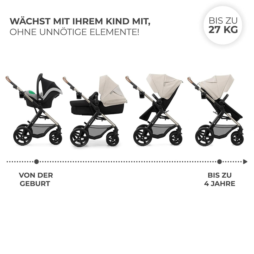 Kinderkraft MOOV2 AIR Passeggino 3 in 1, Set da 26 kg con seggiolino auto I-SIZE 40-75 cm, funzione passeggino, schienale reclinabile, ampia cappottina estensibile, ruote gonfiabili, grigio