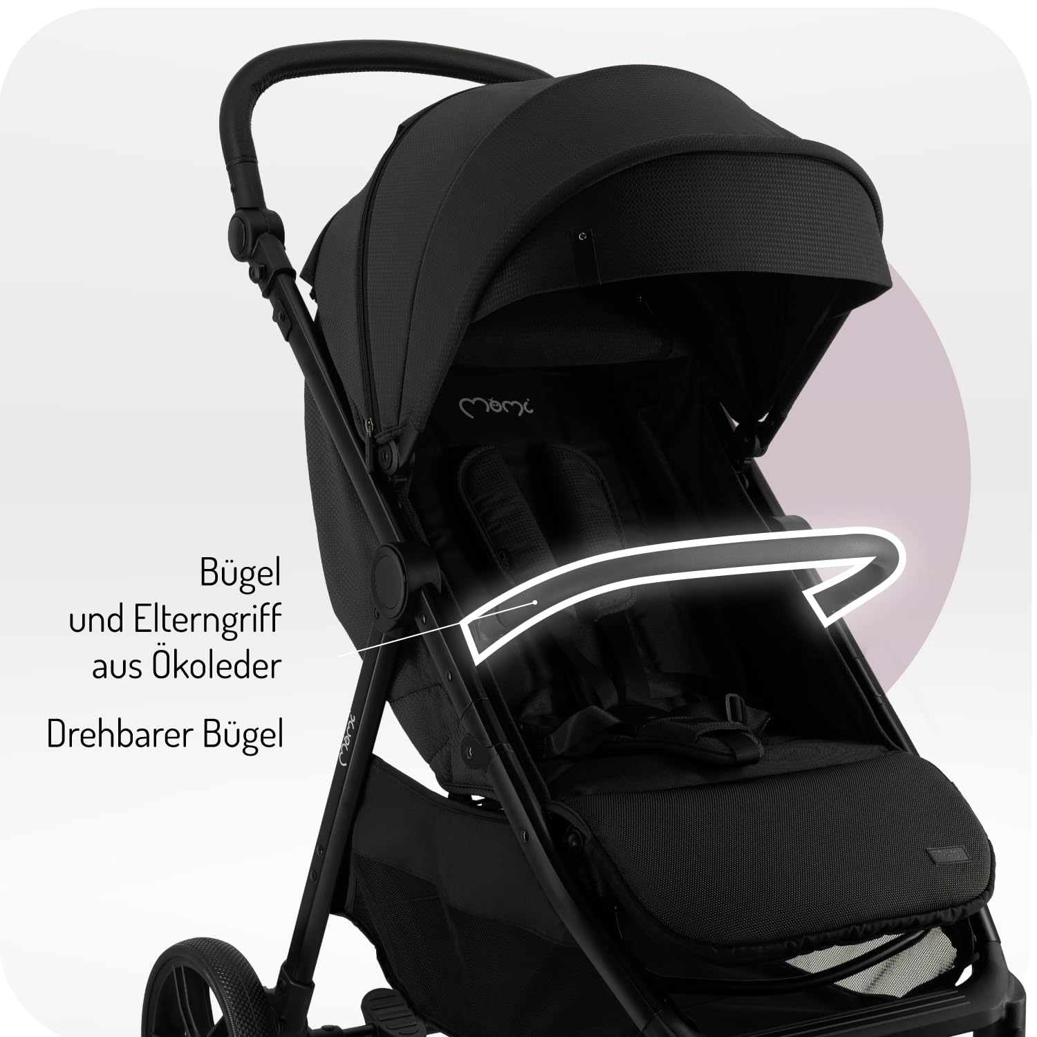 MoMi Passeggino CLARA, Passeggino dai 6 mesi in su, fino a 22 kg di peso corporeo, cintura di sicurezza a 5 punti, sacco coprigambe, portabicchieri, cestino della spesa, borsa per il cambio, zanzariera e parapioggia