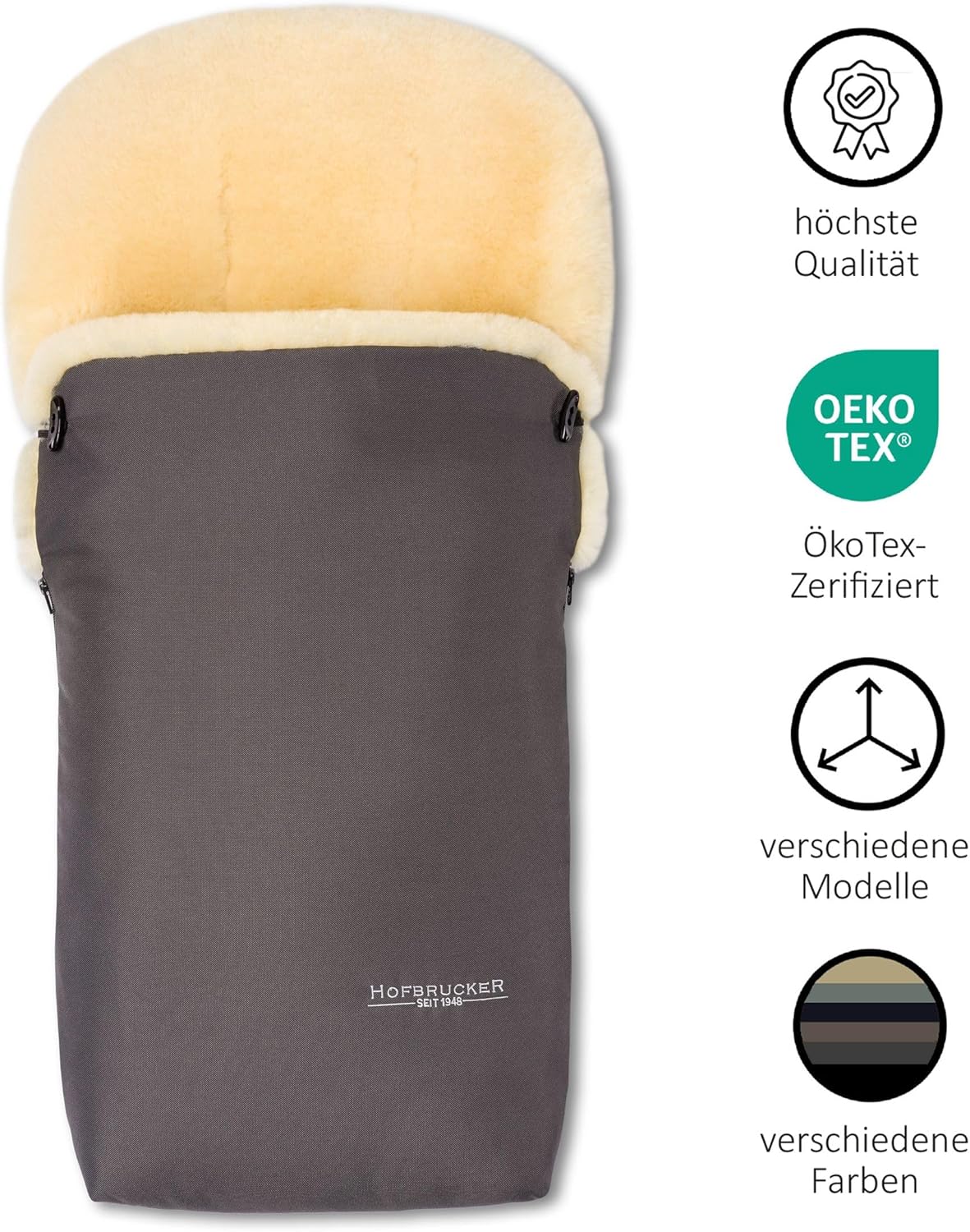 Sacco coprigambe in pelle di agnello Hofbrucker "Putzi" per passeggino, carrozzina/sacco coprigambe invernale antivento e idrorepellente/sacco coprigambe caldo con parte superiore rimovibile/vera pelle di agnello/Made in Germany